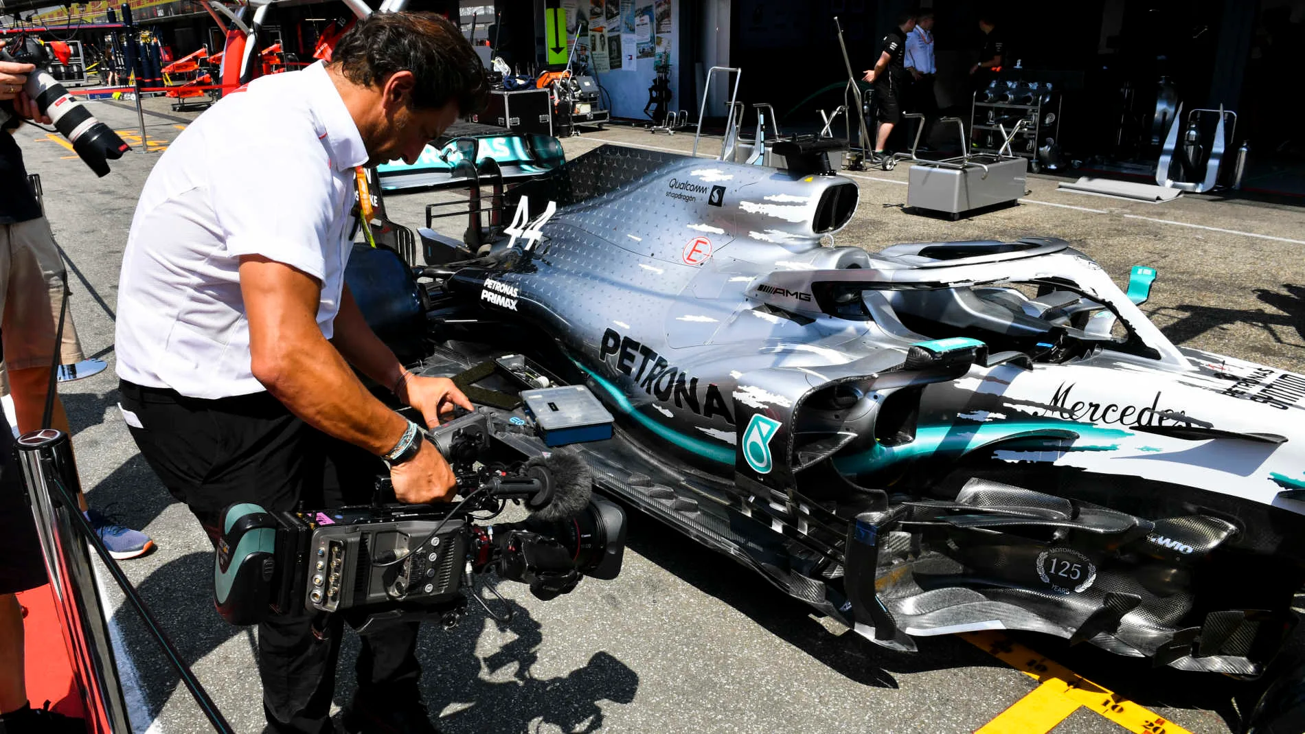 HOCKENHEIMRING, GERMANY - JULY 25: Mercedes AMG F1 W10 with special 125th year in motorsport livery