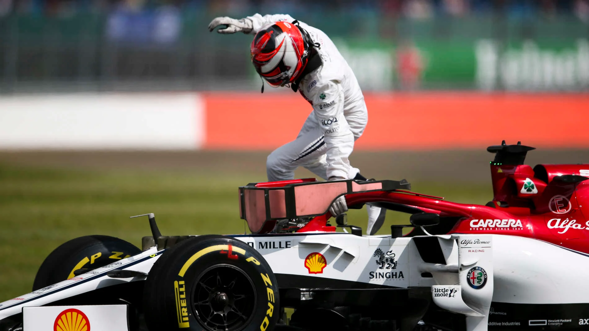 SILVERSTONE, UNITED KINGDOM - JULY 12: Kimi Raikkonen, Alfa Romeo Racing C38 stop on track during the British GP at Silverstone on July 12, 2019 in Silverstone, United Kingdom. (Photo by Dom Romney / LAT Images)