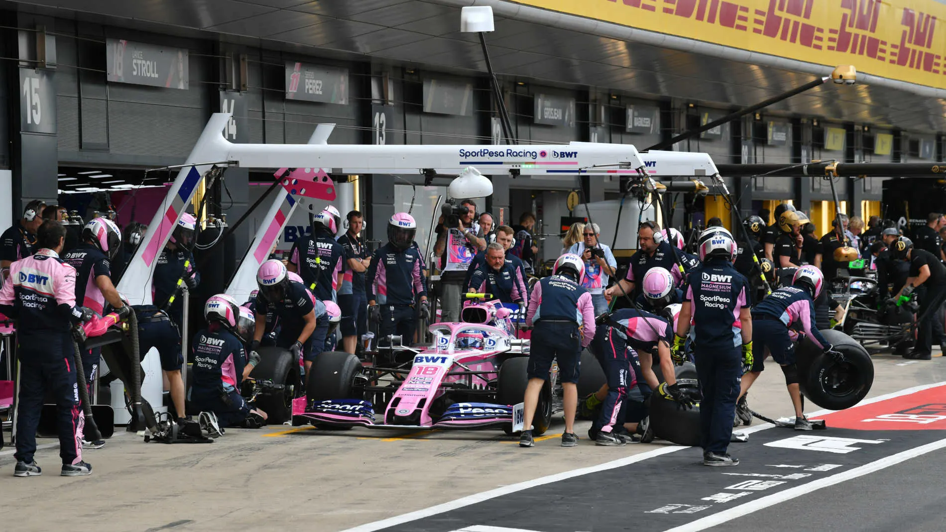SILVERSTONE, UNITED KINGDOM - JULY 12: Lance Stroll, Racing Point RP19, in the pits during practice during the British GP at Silverstone on July 12, 2019 in Silverstone, United Kingdom. (Photo by Mark Sutton / Sutton Images)