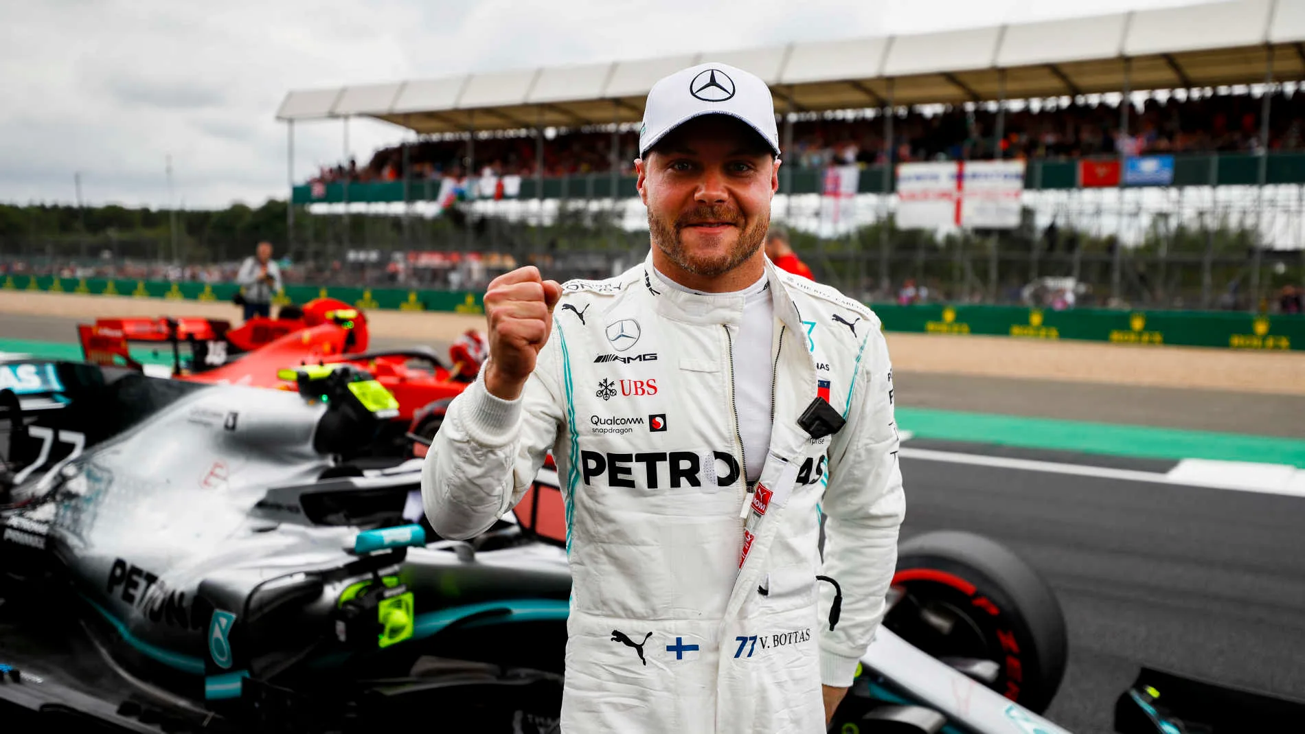 SILVERSTONE, UNITED KINGDOM - JULY 13: Pole Sitter Valtteri Bottas, Mercedes AMG F1 celebrates in