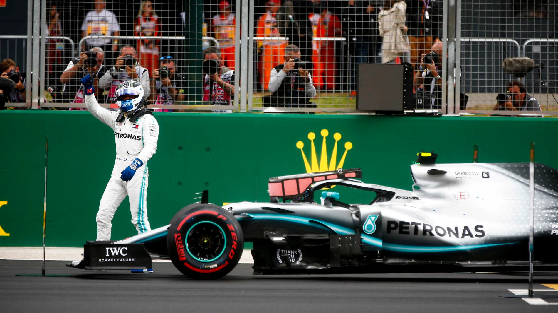 SILVERSTONE, UNITED KINGDOM - JULY 13: Pole Sitter Valtteri Bottas, Mercedes AMG F1 celebrates in