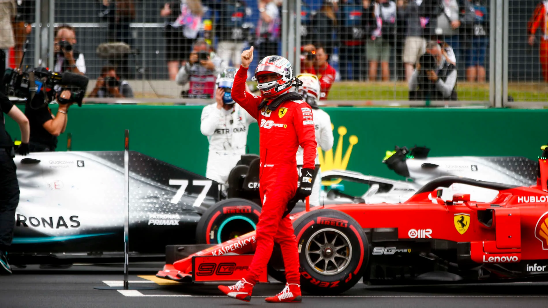SILVERSTONE, UNITED KINGDOM - JULY 13: Charles Leclerc, Ferrari, on the grid after Qualifying during the British GP at Silverstone on July 13, 2019 in Silverstone, United Kingdom. (Photo by Andy Hone / LAT Images)
