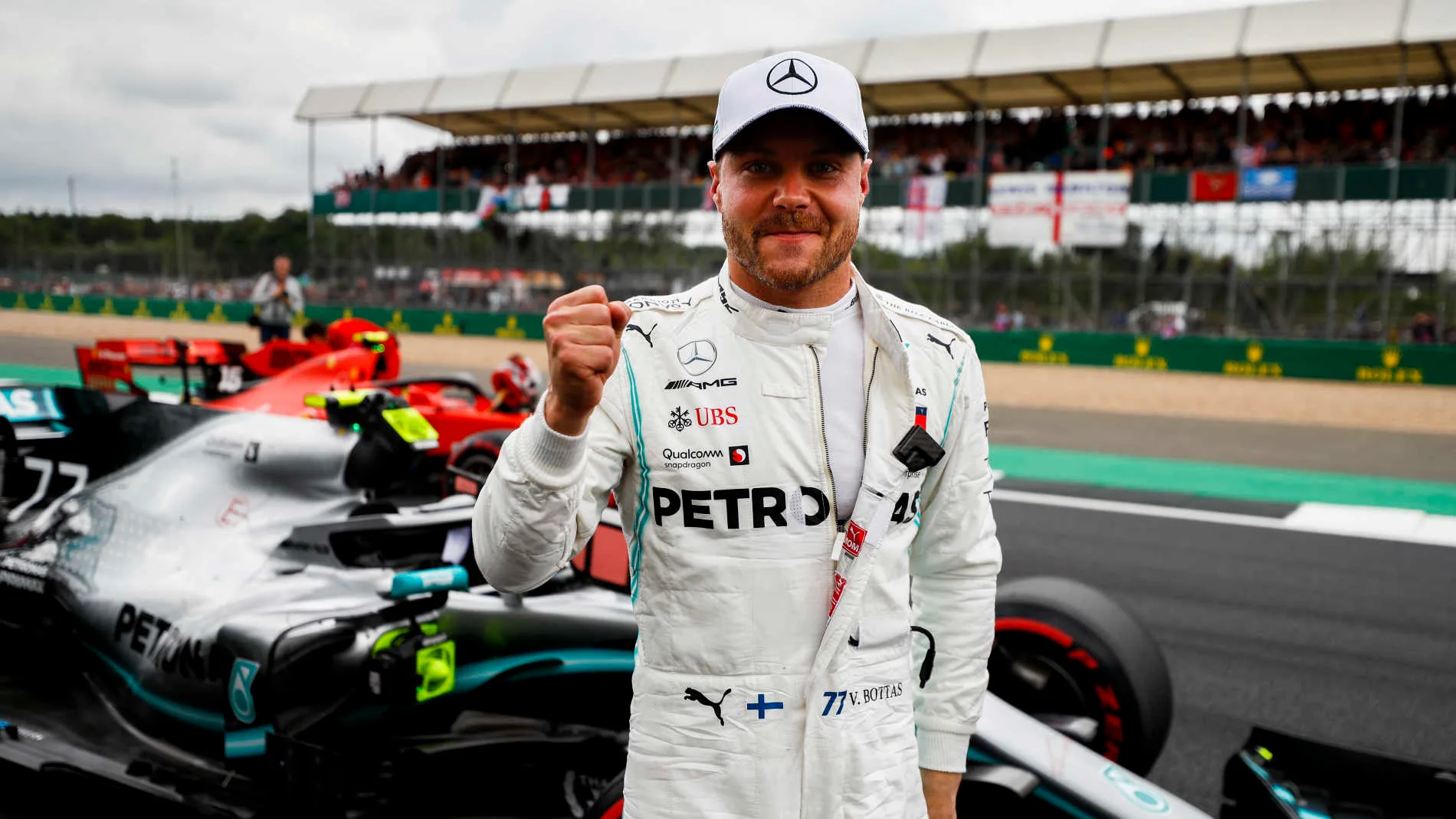 SILVERSTONE, UNITED KINGDOM - JULY 13: Pole man Valtteri Bottas, Mercedes AMG F1, celebrates after Qualifying during the British GP at Silverstone on July 13, 2019 in Silverstone, United Kingdom. (Photo by Glenn Dunbar / LAT Images)