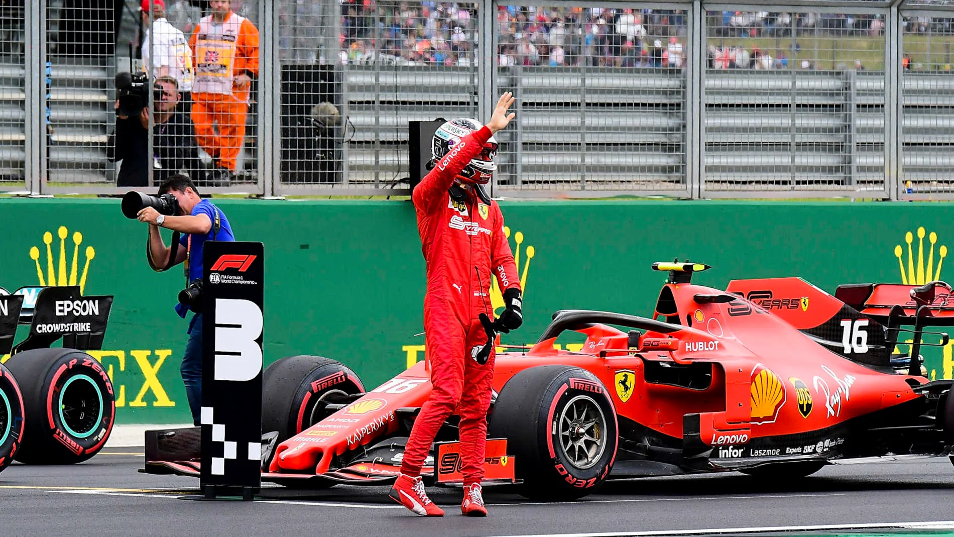 SILVERSTONE, UNITED KINGDOM - JULY 13: Charles Leclerc, Ferrari, waves to fans after Qualifying