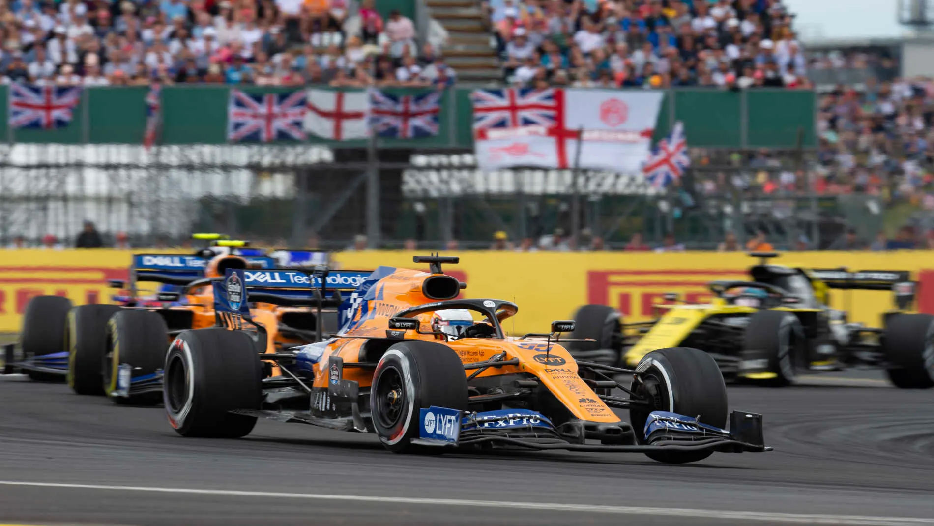 SILVERSTONE, UNITED KINGDOM - JULY 14: Carlos Sainz Jr., McLaren MCL34, leads Lando Norris, McLaren