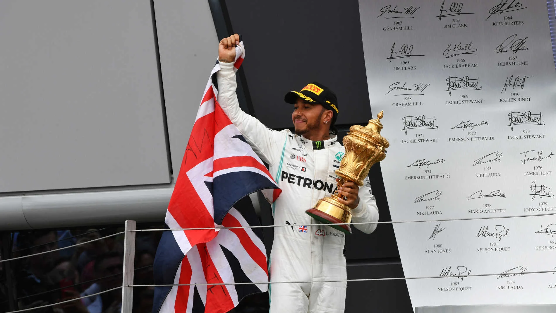 SILVERSTONE, UNITED KINGDOM - JULY 14: Lewis Hamilton, Mercedes AMG F1, 1st position, with his