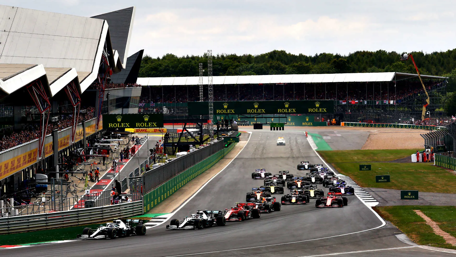 SILVERSTONE, UNITED KINGDOM - JULY 14: Start of the race, Valtteri Bottas, Mercedes AMG F1 leads