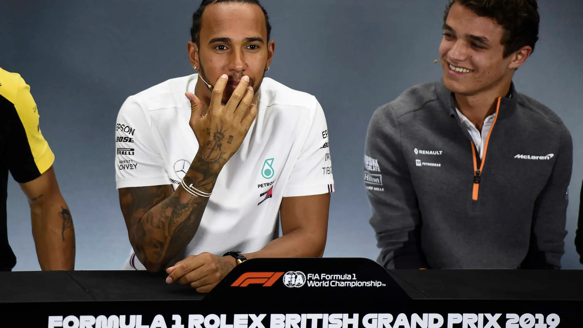 SILVERSTONE, UNITED KINGDOM - JULY 11: Lewis Hamilton, Mercedes AMG F1 and Lando Norris, McLaren in