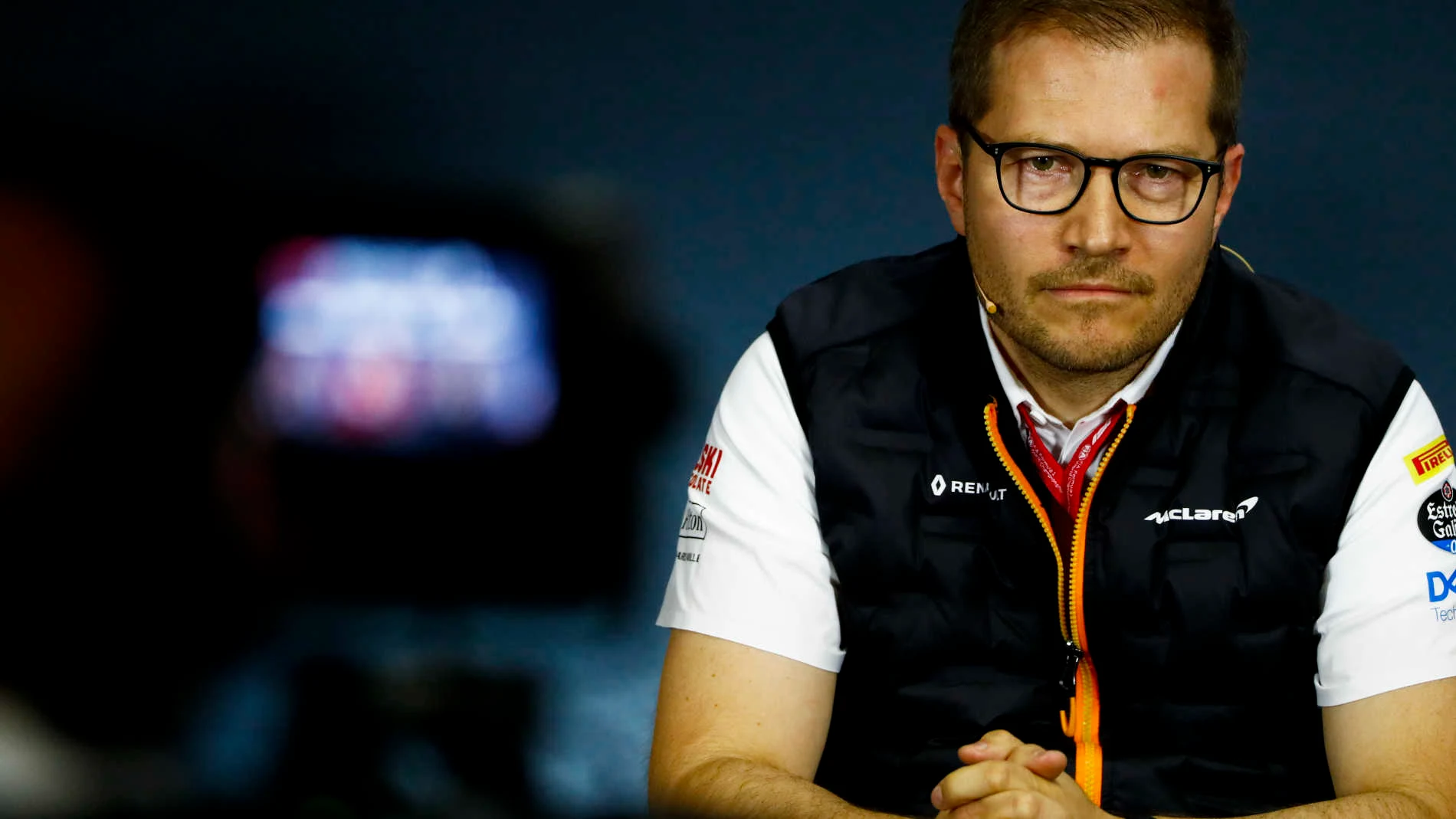 HUNGARORING, HUNGARY - AUGUST 02: Andreas Seidl, Team Principal, McLaren, in the team principals' Press Conference during the Hungarian GP at Hungaroring on August 02, 2019 in Hungaroring, Hungary. (Photo by Sam Bloxham / LAT Images)