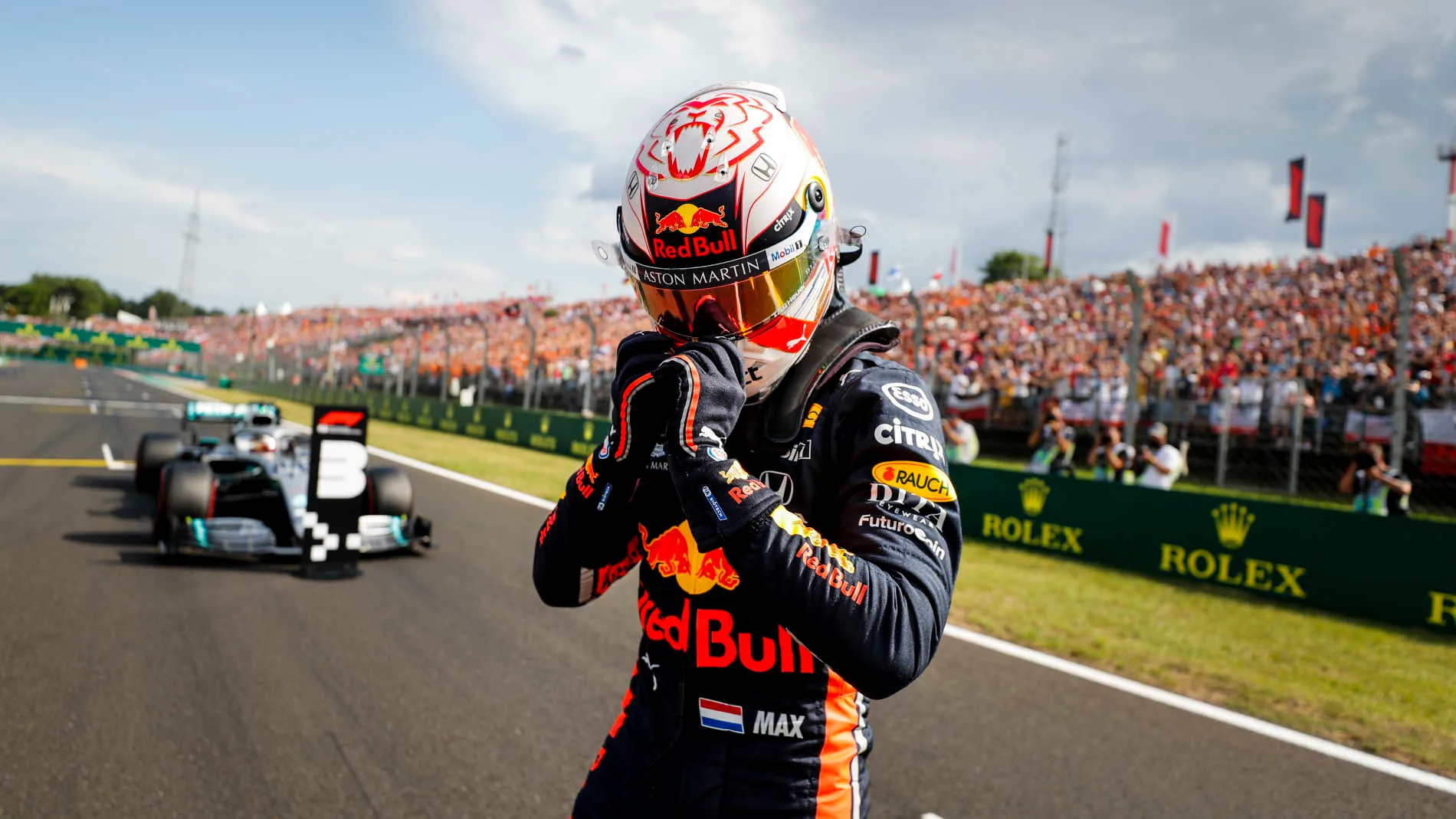 HUNGARORING, HUNGARY - AUGUST 03: Max Verstappen, Red Bull Racing, celebrates after securing his first pole position during the Hungarian GP at Hungaroring on August 03, 2019 in Hungaroring, Hungary. (Photo by Steven Tee / LAT Images)