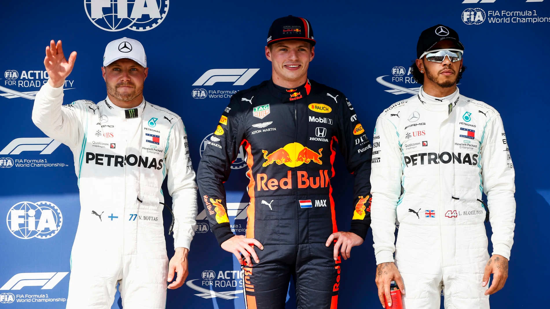 HUNGARORING, HUNGARY - AUGUST 03: Top three Qualifiers Valtteri Bottas, Mercedes AMG F1, pole man