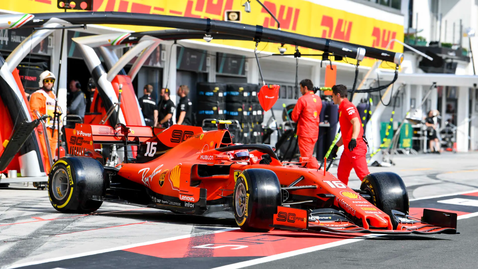 HUNGARORING, HUNGARY - AUGUST 03: Charles Leclerc, Ferrari SF90, leaves the garage during the