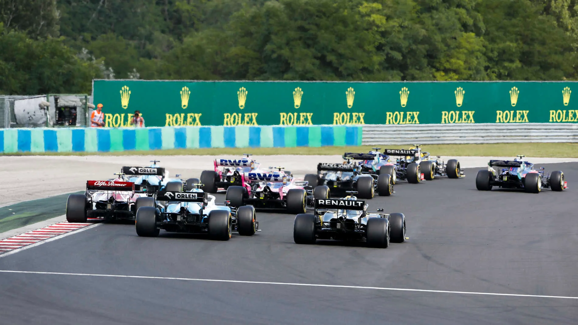 HUNGARORING, HUNGARY - AUGUST 04: Nico Hulkenberg, Renault R.S. 19, leads Alexander Albon, Toro