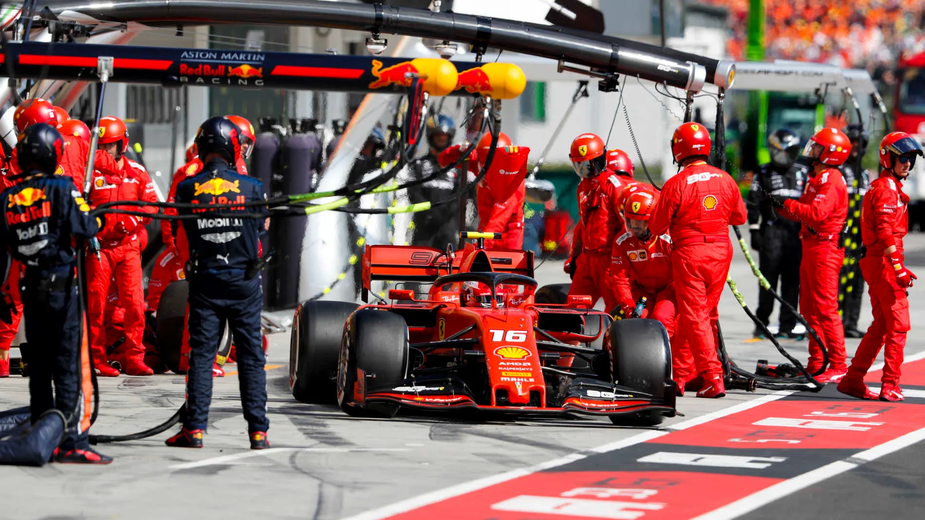 HUNGARORING, HUNGARY - AUGUST 04: Charles Leclerc, Ferrari SF90, leaves his pit box after a stop