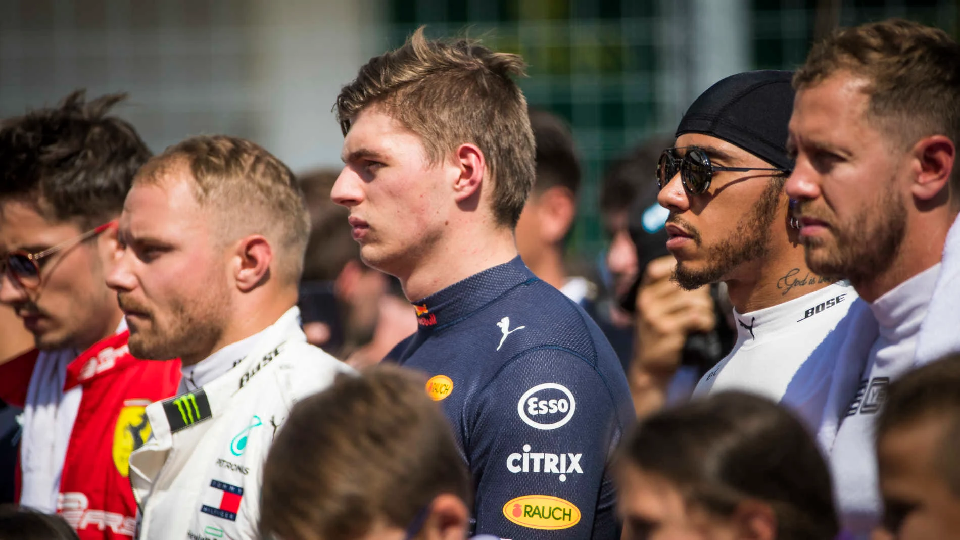 HUNGARORING, HUNGARY - AUGUST 04: Charles Leclerc, Ferrari, Valtteri Bottas, Mercedes AMG F1, Max