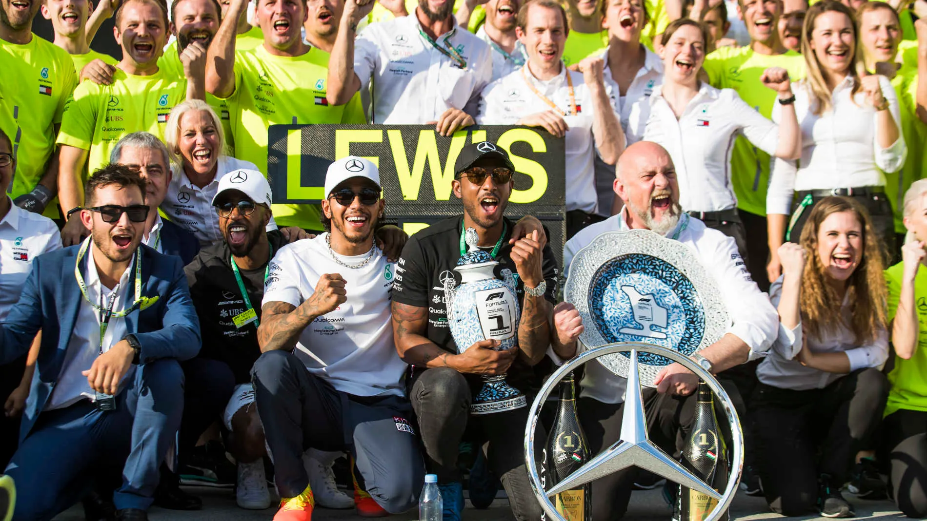 HUNGARORING, HUNGARY - AUGUST 04: Lewis Hamilton, Mercedes AMG F1, 1st position, the Mercedes team