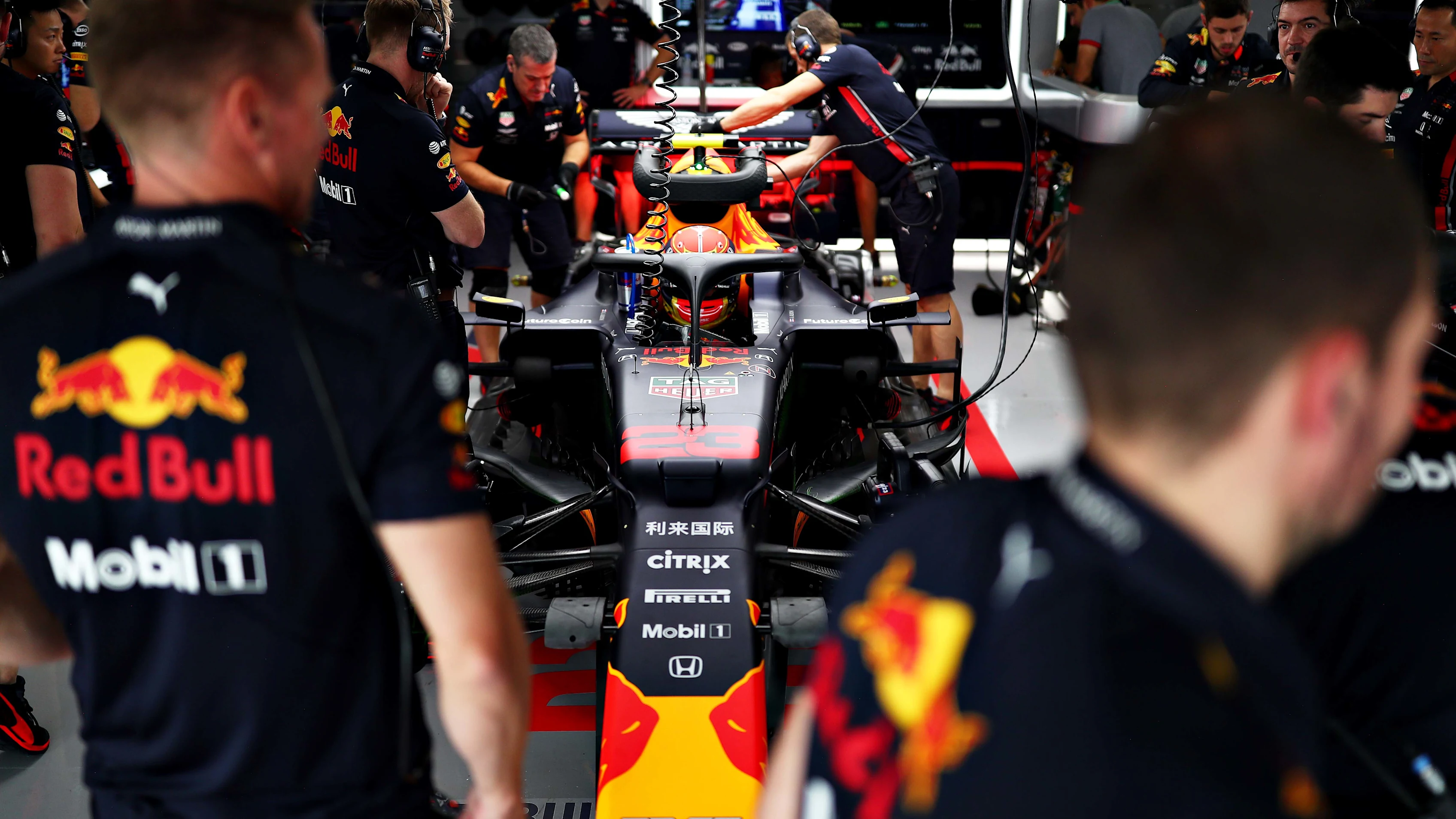 SUZUKA, JAPAN - OCTOBER 11: Alexander Albon of Thailand and Red Bull Racing prepares to drive in the garage during practice for the F1 Grand Prix of Japan at Suzuka Circuit on October 11, 2019 in Suzuka, Japan. (Photo by Dan Istitene/Getty Images)