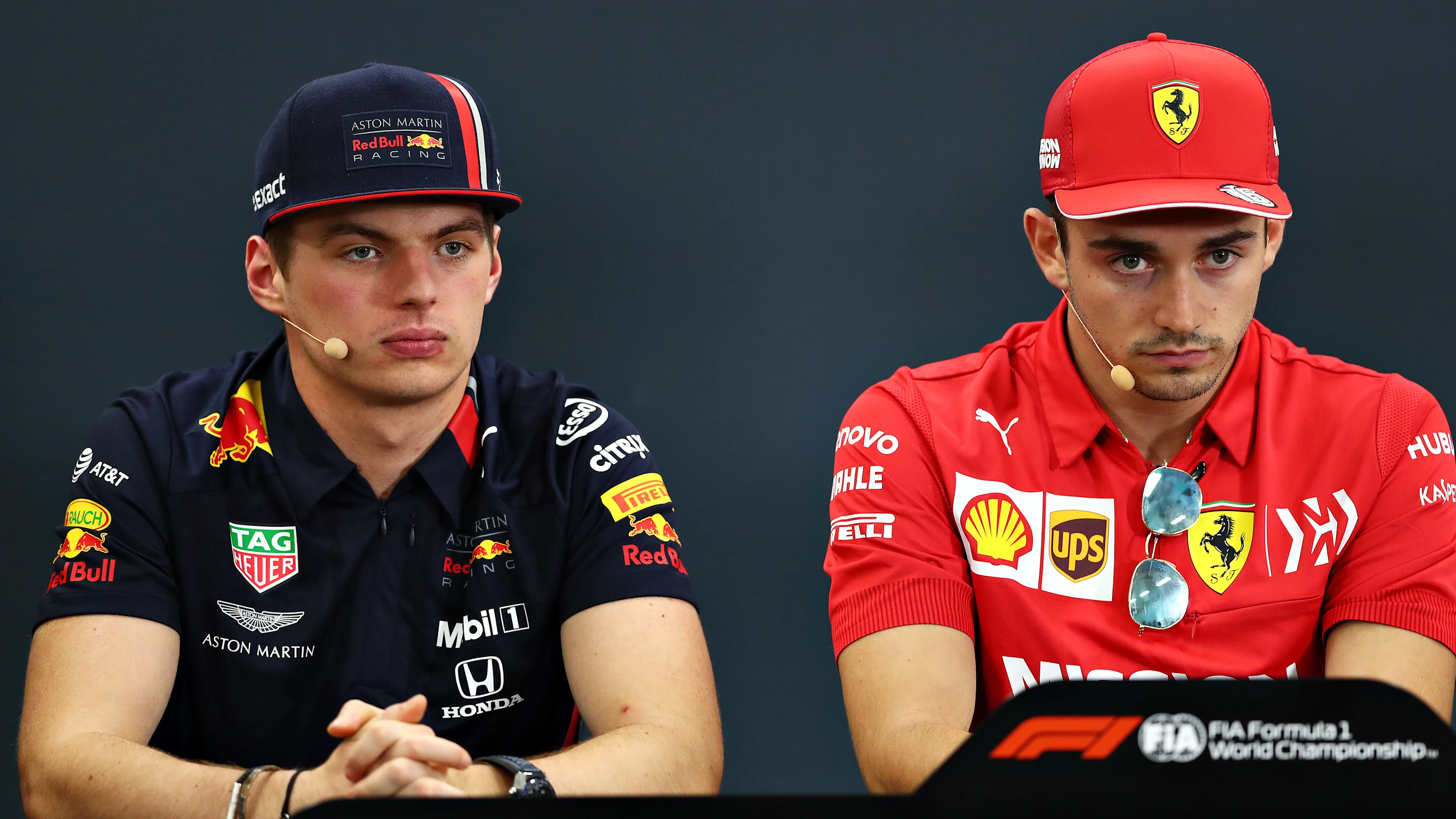 SUZUKA, JAPAN - OCTOBER 10: Max Verstappen of Netherlands and Red Bull Racing and Charles Leclerc of Monaco and Ferrari look on in the Drivers Press Conference during previews ahead of the F1 Grand Prix of Japan at Suzuka Circuit on October 10, 2019 in Suzuka, Japan. (Photo by Dan Istitene/Getty Images)