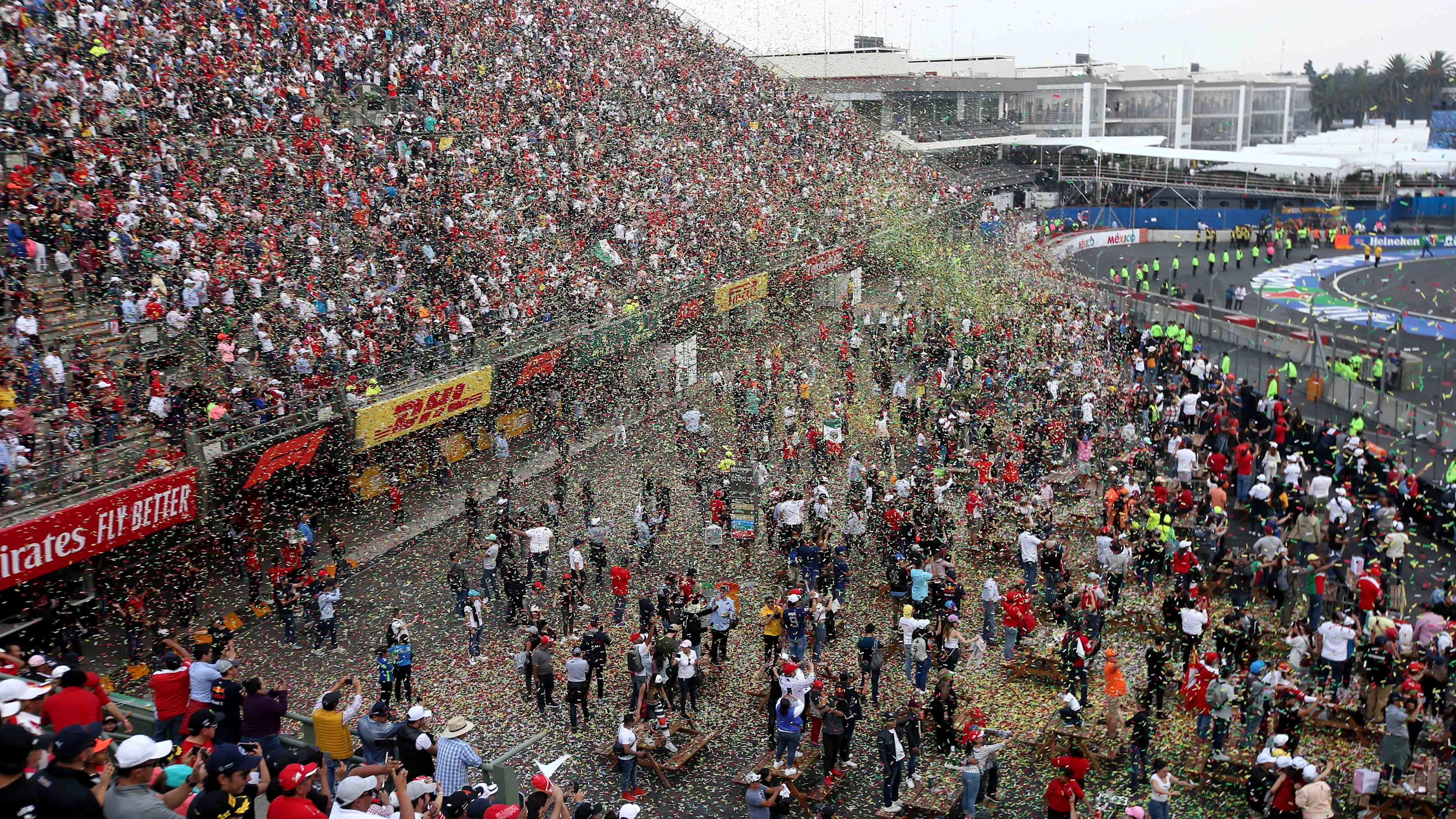 MEXICO CITY, MEXICO - OCTOBER 27: Fans enjoy the podium celebrations during the F1 Grand Prix of