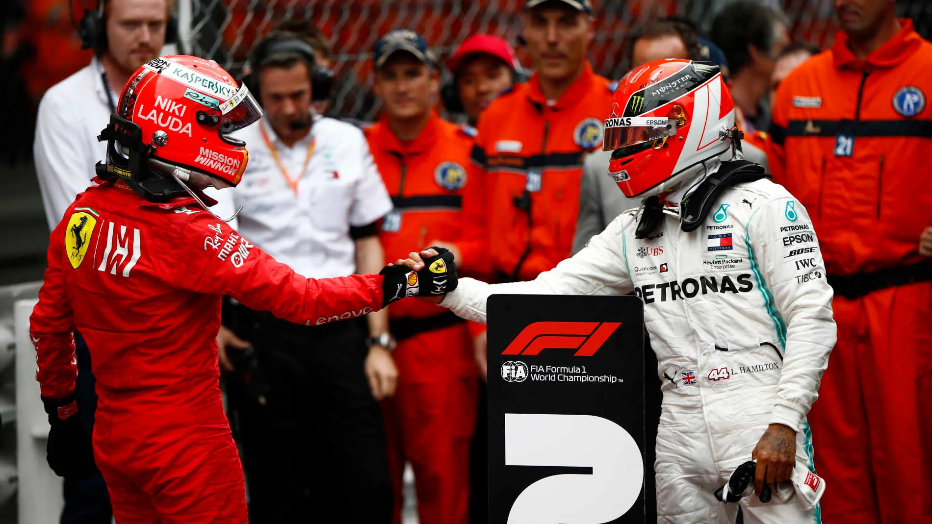 MONTE CARLO, MONACO - MAY 26: Sebastian Vettel, Ferrari, 2nd position, congratulates Lewis Hamilton, Mercedes AMG F1, 1st position, in Parc Ferme during the Monaco GP at Monte Carlo on May 26, 2019 in Monte Carlo, Monaco. (Photo by Andy Hone / LAT Images)