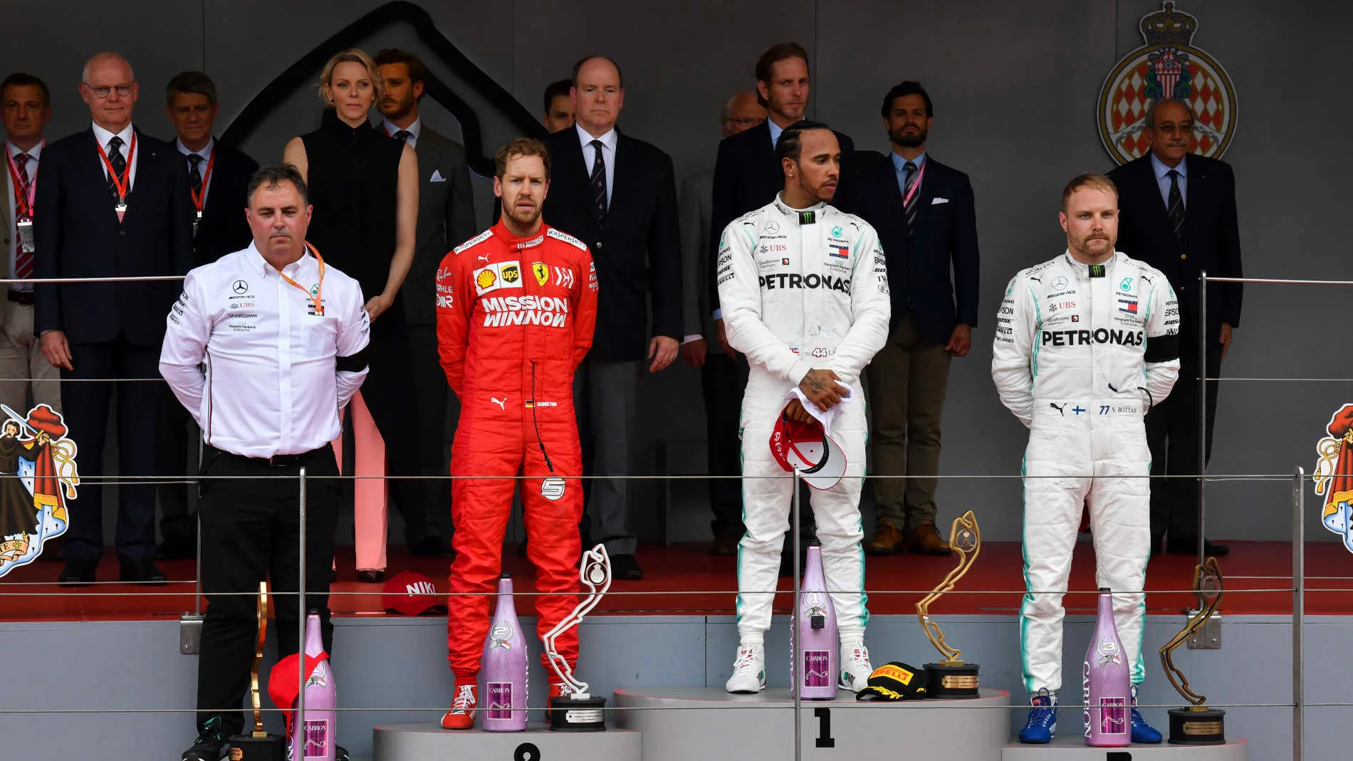 MONTE CARLO, MONACO - MAY 26: Ron Meadows, Sporting Director, Mercedes AMG, Sebastian Vettel,
