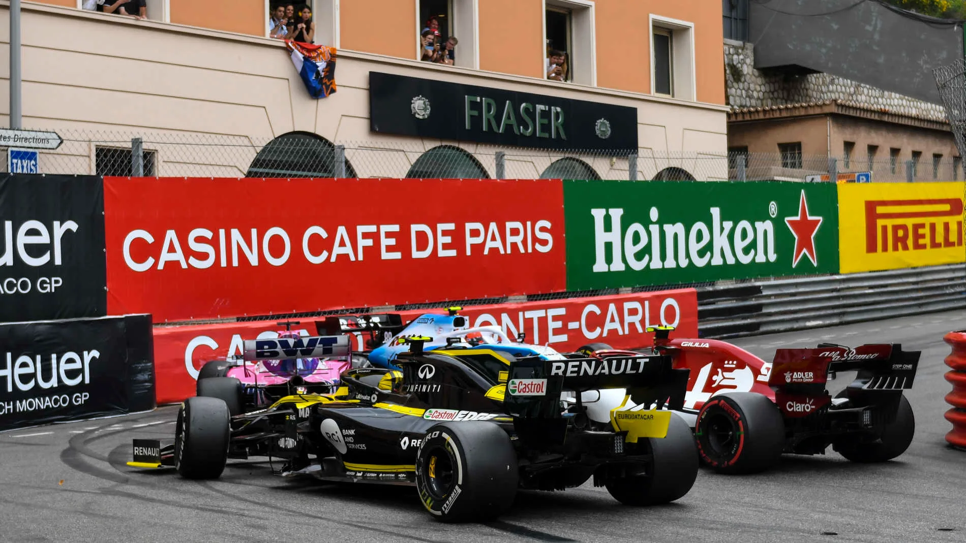 MONTE CARLO, MONACO - MAY 26: Robert Kubica, Williams FW42, spins after contact and blocks the track ahead of Antonio Giovinazzi, Alfa Romeo Racing C38, Sergio Perez, Racing Point RP19, and Nico Hulkenberg, Renault R.S. 19 during the Monaco GP at Monte Carlo on May 26, 2019 in Monte Carlo, Monaco. (Photo by Jerry Andre / Sutton Images)