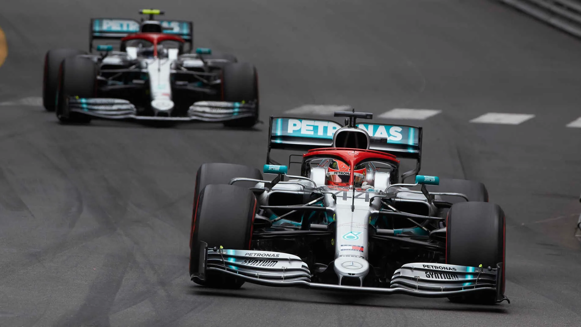 MONTE CARLO, MONACO - MAY 26: Lewis Hamilton, Mercedes AMG F1 W10, leads Valtteri Bottas, Mercedes