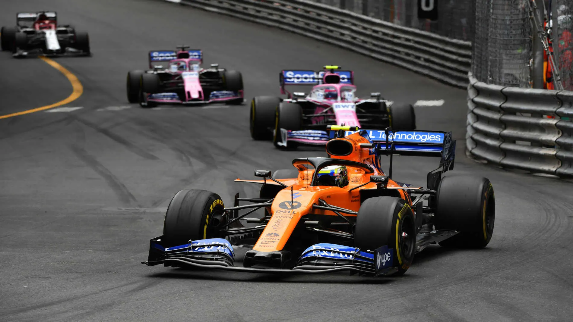 MONTE CARLO, MONACO - MAY 26: Lando Norris, McLaren MCL34, leads Lance Stroll, Racing Point RP19,