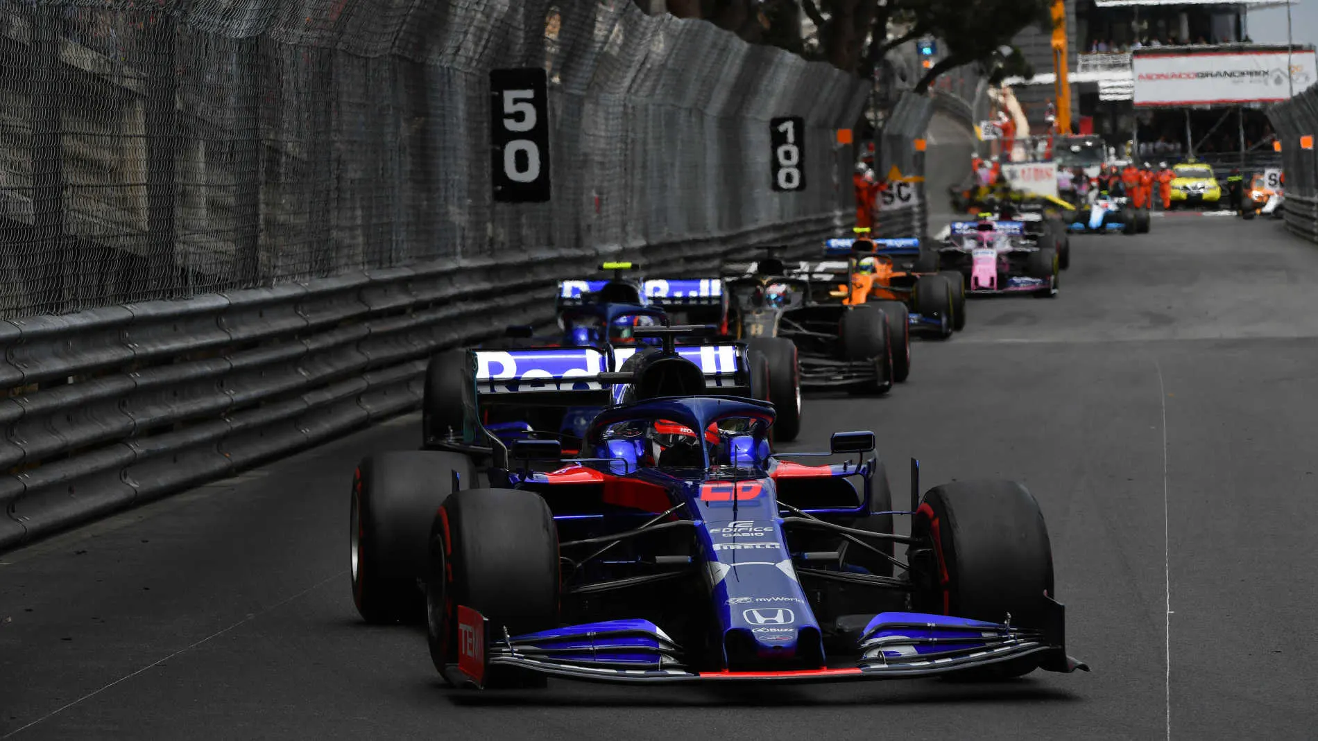 MONTE CARLO, MONACO - MAY 26: Daniil Kvyat, Toro Rosso STR14, leads Alexander Albon, Toro Rosso