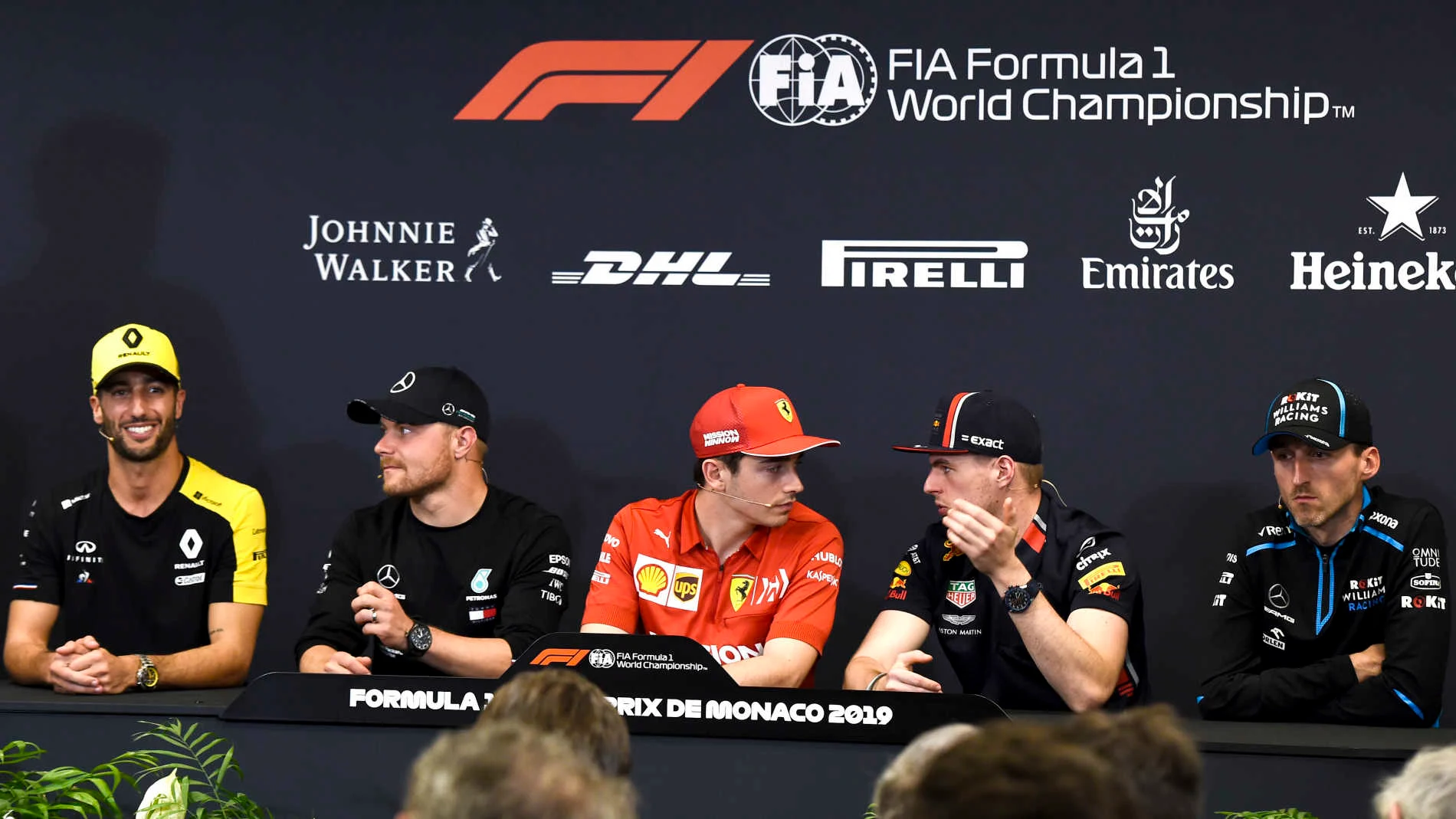 MONTE CARLO, MONACO - MAY 22: Daniel Ricciardo, Renault F1 Team, Valtteri Bottas, Mercedes AMG F1, Charles Leclerc, Ferrari, Max Verstappen, Red Bull Racing and Robert Kubica, Williams Racing in Press Conference during the Monaco GP at Monte Carlo on May 22, 2019 in Monte Carlo, Monaco. (Photo by Gareth Harford / Sutton Images)
