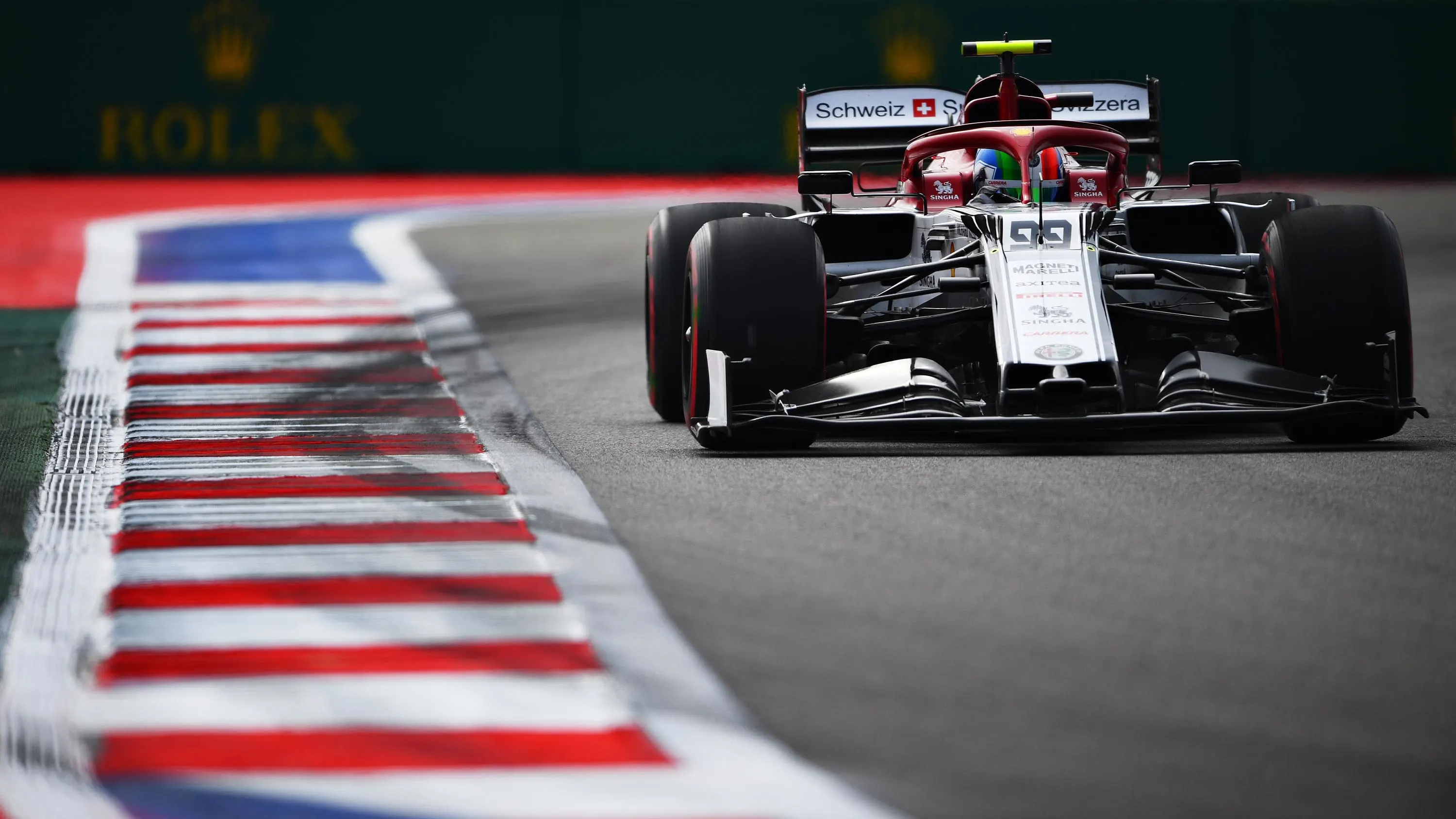 SOCHI, RUSSIA - SEPTEMBER 27: Antonio Giovinazzi of Italy driving the (99) Alfa Romeo Racing C38 Ferrari on track during practice for the F1 Grand Prix of Russia at Sochi Autodrom on September 27, 2019 in Sochi, Russia. (Photo by Clive Mason/Getty Images)