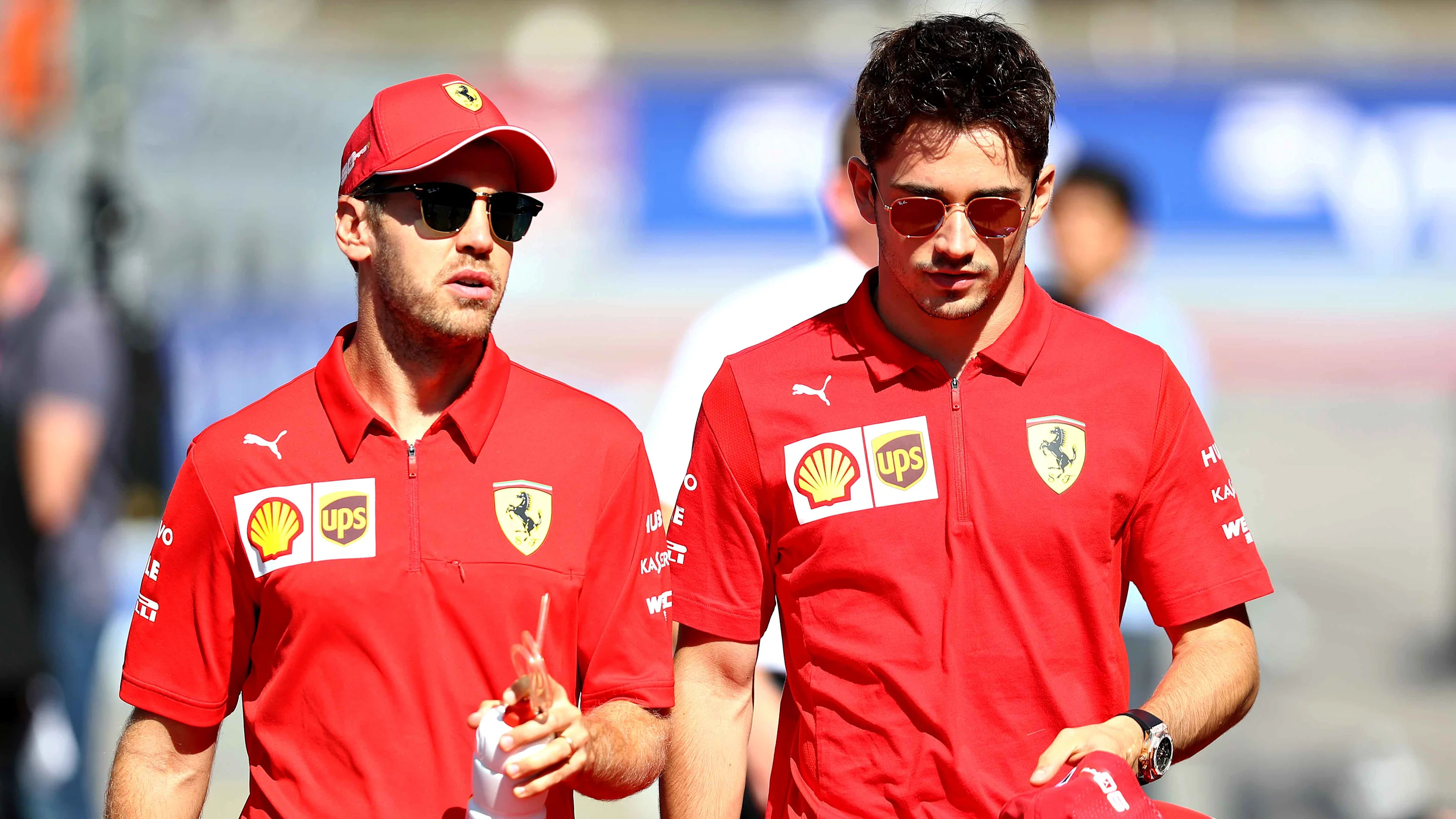 SOCHI, RUSSIA - SEPTEMBER 29: Charles Leclerc of Monaco and Ferrari and Sebastian Vettel of Germany