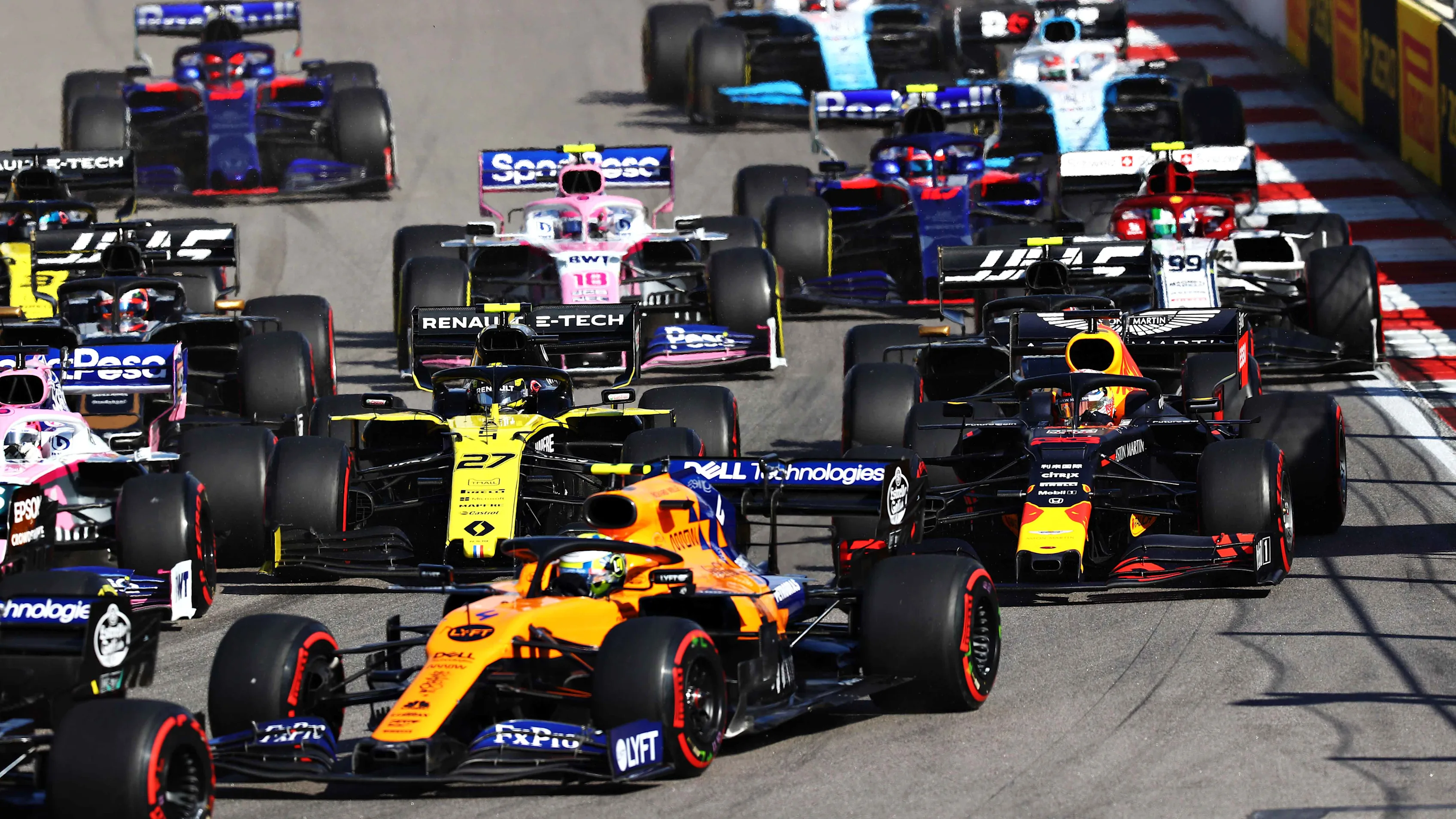 SOCHI, RUSSIA - SEPTEMBER 29: Max Verstappen of the Netherlands driving the (33) Aston Martin Red Bull Racing RB15 is shown at the start during the F1 Grand Prix of Russia at Sochi Autodrom on September 29, 2019 in Sochi, Russia. (Photo by Mark Thompson/Getty Images)