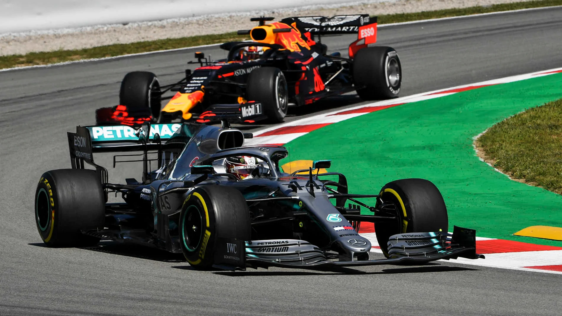 CIRCUIT DE BARCELONA-CATALUNYA, SPAIN - MAY 10: Lewis Hamilton, Mercedes AMG F1 W10, leads Max