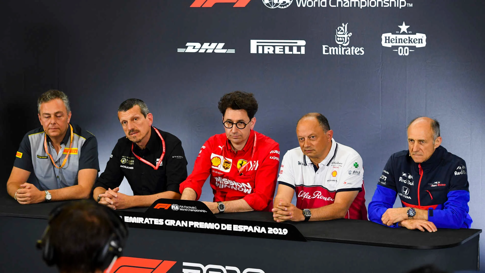CIRCUIT DE BARCELONA-CATALUNYA, SPAIN - MAY 10: Mario Isola, Racing Manager, Pirelli Motorsport, Guenther Steiner, Team Principal, Haas F1, Mattia Binotto, Team Principal Ferrari, Frederic Vasseur, Team Principal, Alfa Romeo Racing, and Franz Tost, Team Principal, Toro Rosso, in the team principals Press Conference during the Spanish GP at Circuit de Barcelona-Catalunya on May 10, 2019 in Circuit de Barcelona-Catalunya, Spain. (Photo by Simon Galloway / Sutton Images)