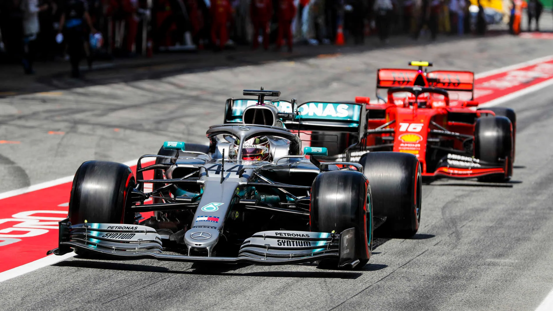 CIRCUIT DE BARCELONA-CATALUNYA, SPAIN - MAY 11: Lewis Hamilton, Mercedes AMG F1 W10, leads Charles