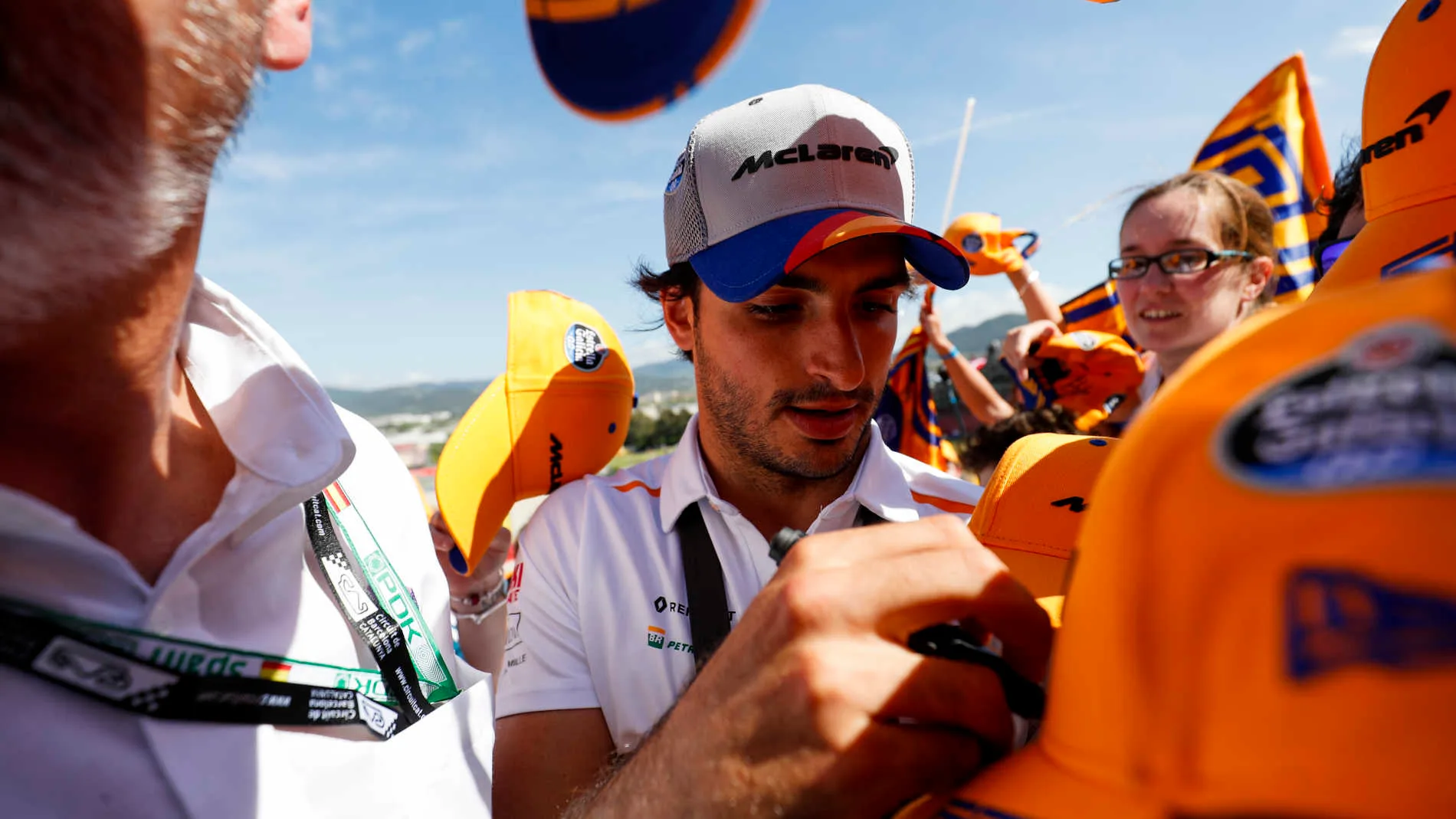 CIRCUIT DE BARCELONA-CATALUNYA, SPAIN - MAY 11: Fans clamour for an autograph from Carlos Sainz Jr,