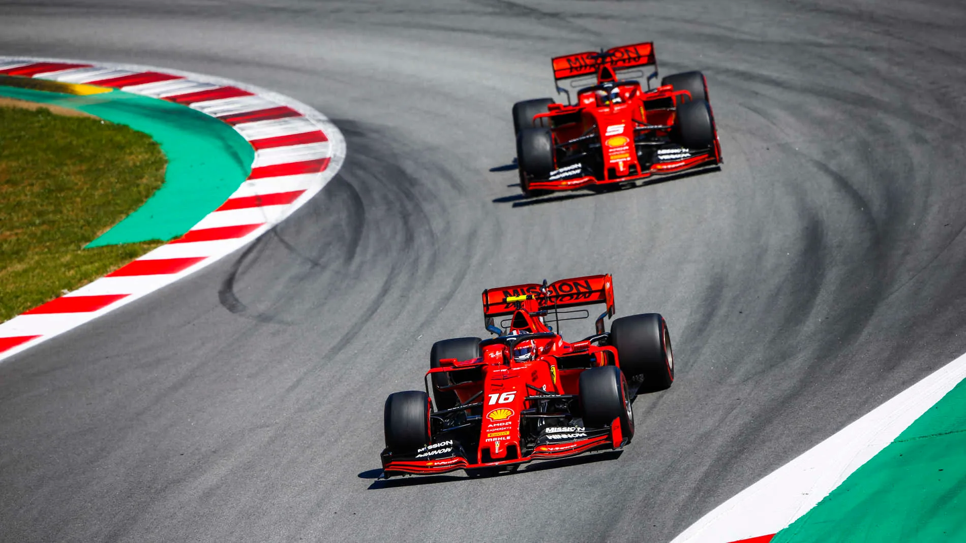 CIRCUIT DE BARCELONA-CATALUNYA, SPAIN - MAY 12: Charles Leclerc, Ferrari SF90, leads Sebastian Vettel, Ferrari SF90 during the Spanish GP at Circuit de Barcelona-Catalunya on May 12, 2019 in Circuit de Barcelona-Catalunya, Spain. (Photo by Andy Hone / LAT Images)