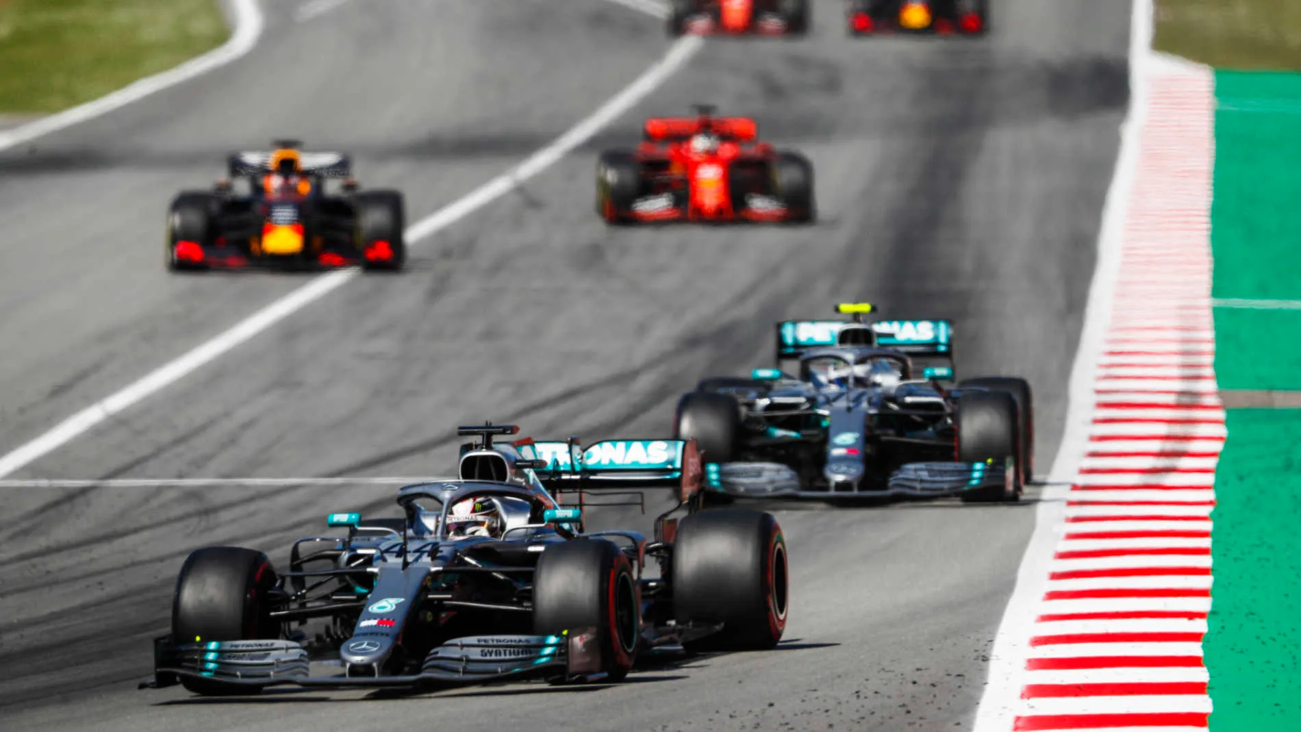 CIRCUIT DE BARCELONA-CATALUNYA, SPAIN - MAY 12: Lewis Hamilton, Mercedes AMG F1 W10 leads Valtteri