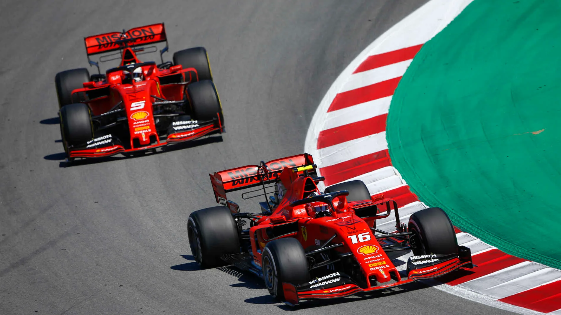 CIRCUIT DE BARCELONA-CATALUNYA, SPAIN - MAY 12: Charles Leclerc, Ferrari SF90, leads Sebastian