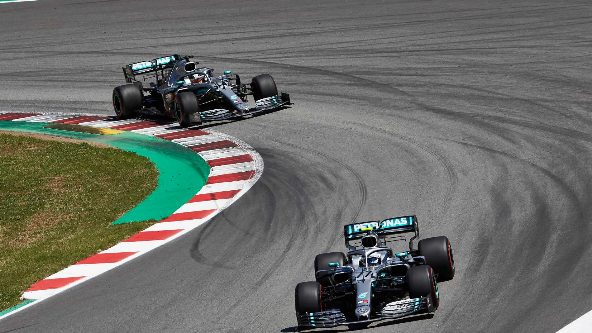 CIRCUIT DE BARCELONA-CATALUNYA, SPAIN - MAY 12: Valtteri Bottas, Mercedes AMG W10, leads Lewis