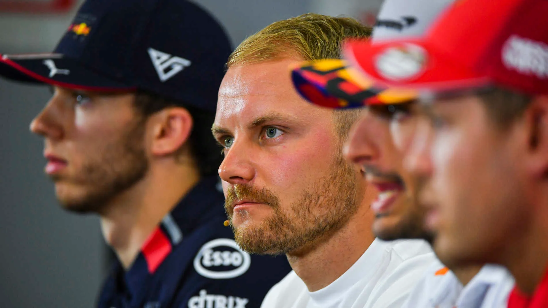 CIRCUIT DE BARCELONA-CATALUNYA, SPAIN - MAY 09: Valtteri Bottas, Mercedes AMG F1, Sebastian Vettel, Ferrari, Carlos Sainz Jr, McLaren and Pierre Gasly, Red Bull Racing inPress Conference during the Spanish GP at Circuit de Barcelona-Catalunya on May 09, 2019 in Circuit de Barcelona-Catalunya, Spain. (Photo by Mark Sutton / Sutton Images)