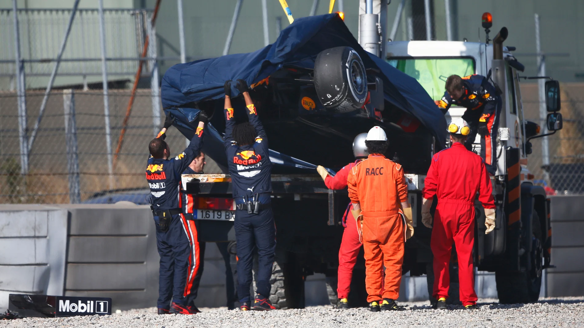 CIRCUIT DE BARCELONA-CATALUNYA, SPAIN - FEBRUARY 28: The crashed car of Pierre Gasly, Red Bull