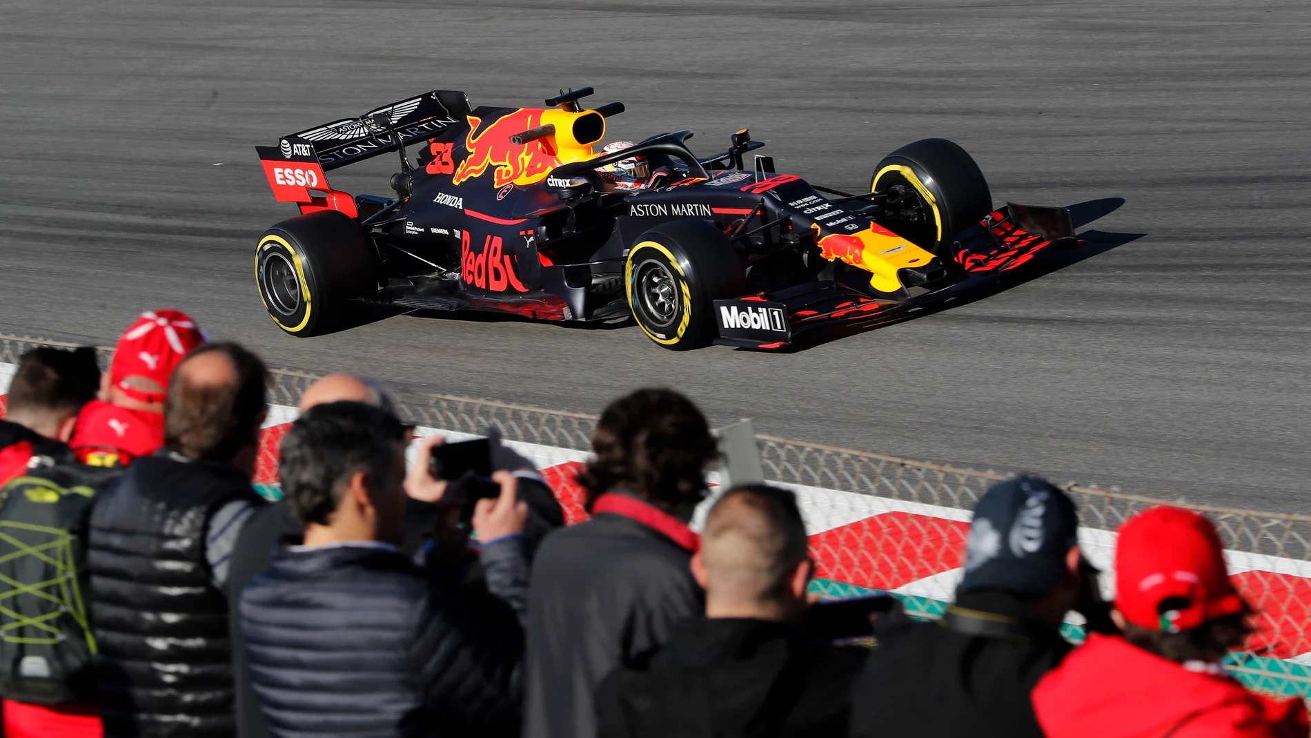 CIRCUIT DE BARCELONA-CATALUNYA, SPAIN - FEBRUARY 27: Max Verstappen, Red Bull Racing RB15 and fans