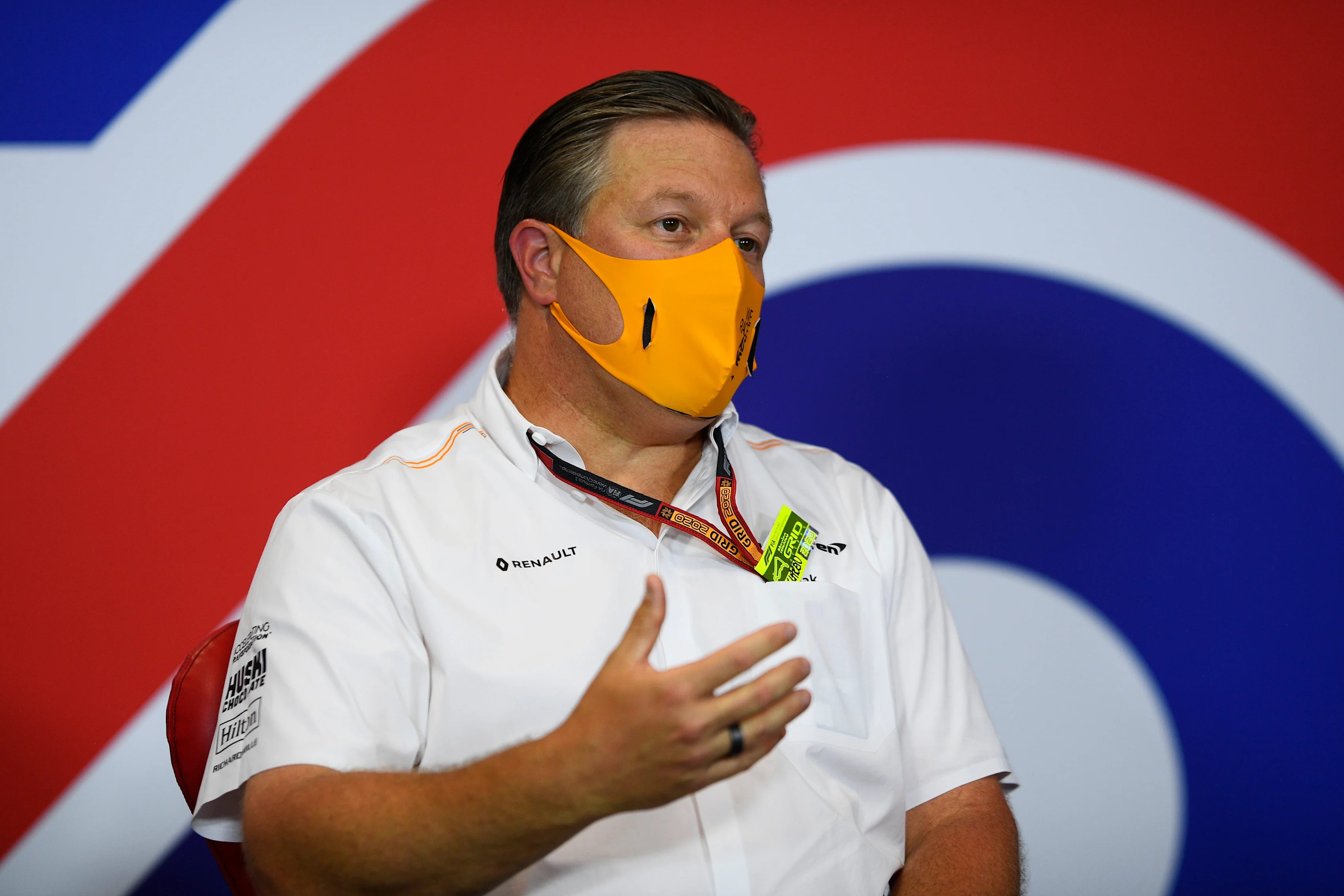NORTHAMPTON, ENGLAND - AUGUST 07: McLaren Chief Executive Officer Zak Brown talks in the Team Principals Press Conference during practice for the F1 70th Anniversary Grand Prix at Silverstone on August 07, 2020 in Northampton, England. (Photo by Rudy Carezzevoli/Getty Images)