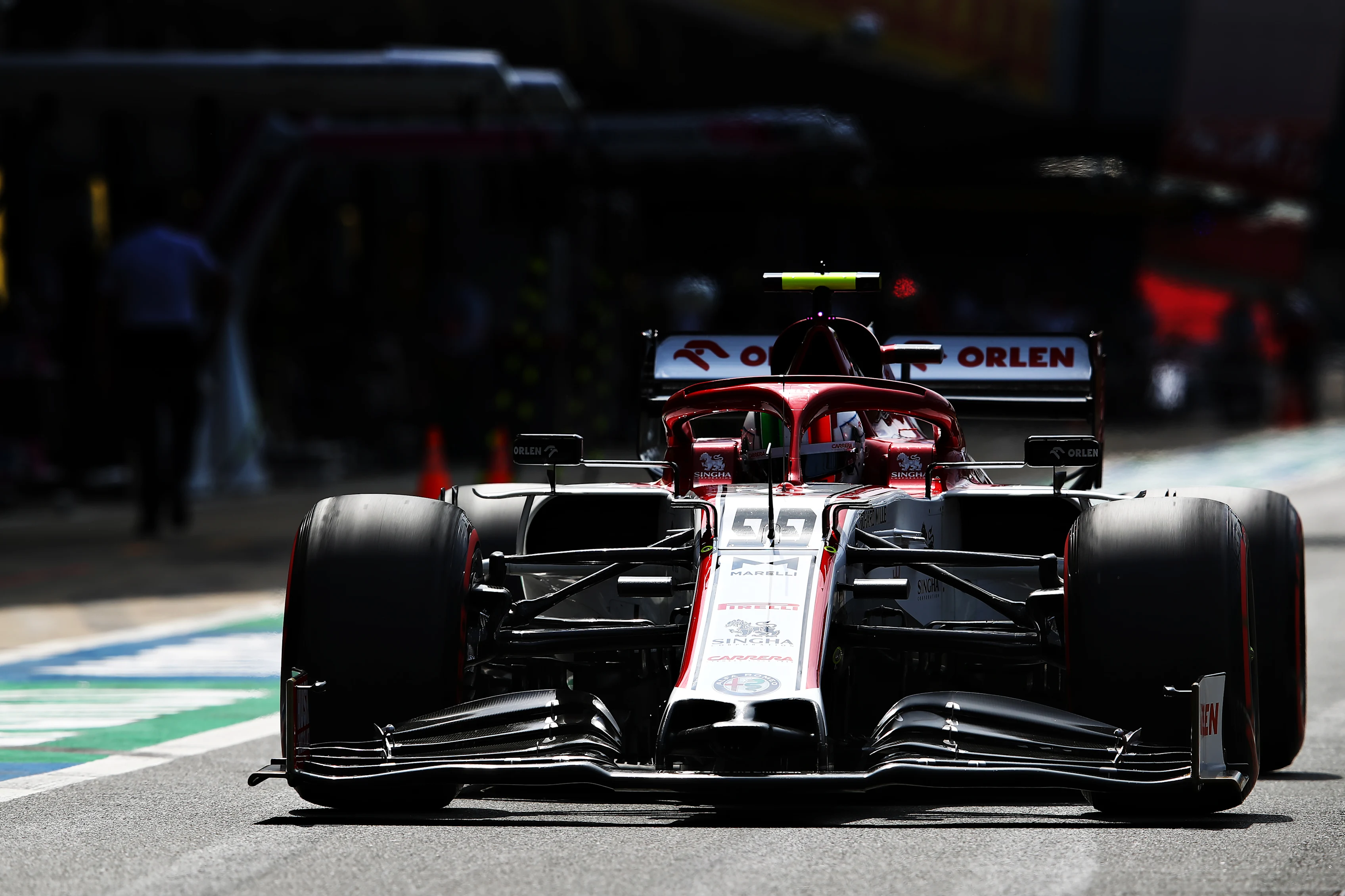 NORTHAMPTON, ENGLAND - AUGUST 08: Antonio Giovinazzi of Italy driving the (99) Alfa Romeo Racing C39 Ferrari in the Pitlane during qualifying for the F1 70th Anniversary Grand Prix at Silverstone on August 08, 2020 in Northampton, England. (Photo by Mark Thompson/Getty Images)