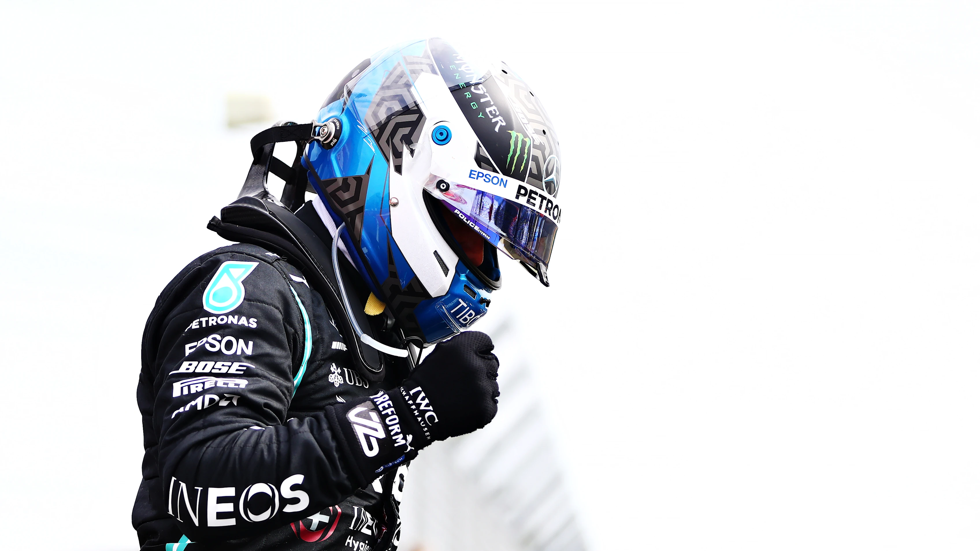 NORTHAMPTON, ENGLAND - AUGUST 08: Pole position qualifier Valtteri Bottas of Finland and Mercedes GP celebrates in parc ferme during qualifying for the F1 70th Anniversary Grand Prix at Silverstone on August 08, 2020 in Northampton, England. (Photo by Dan Istitene - Formula 1/Formula 1 via Getty Images)