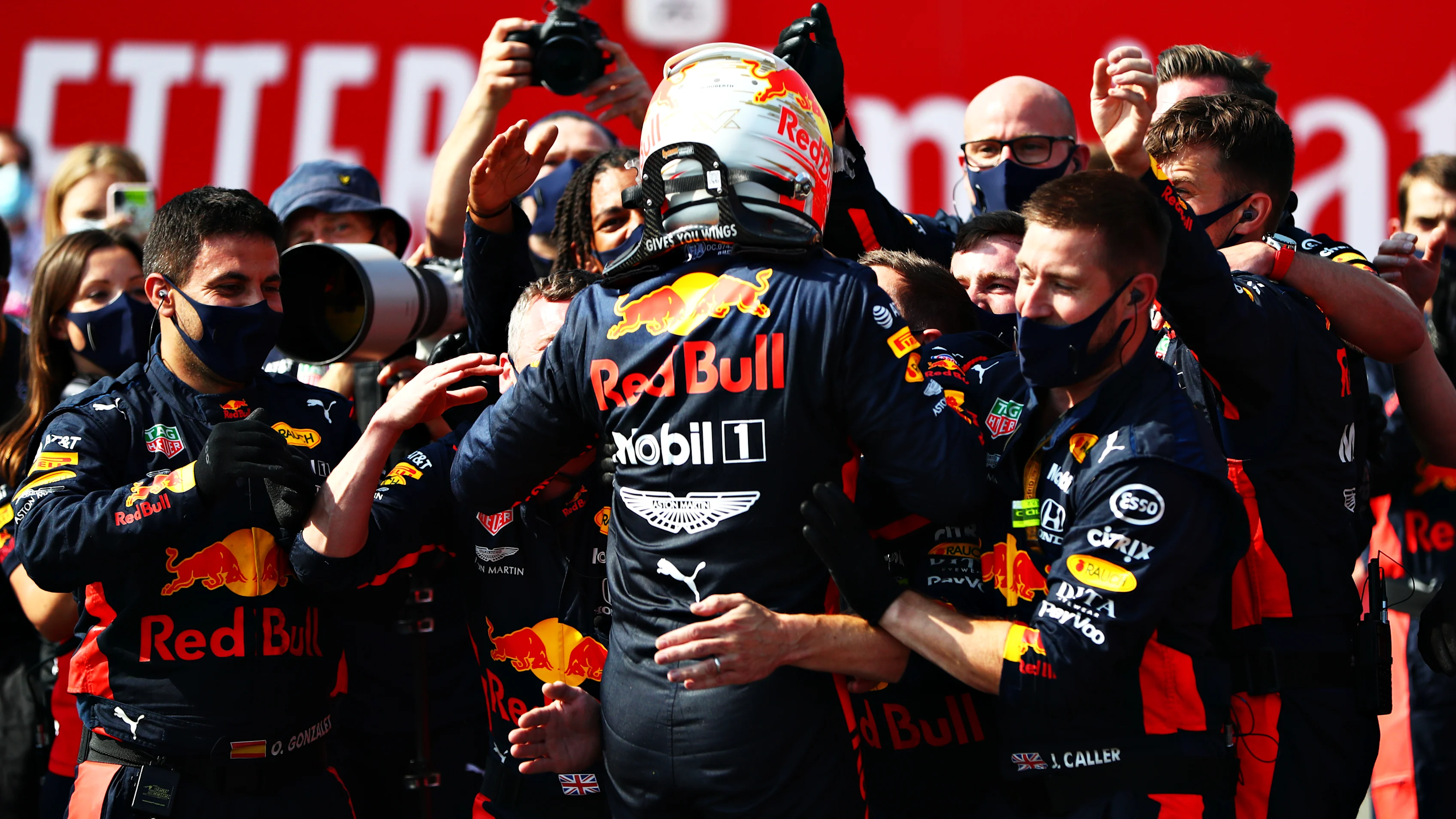 NORTHAMPTON, ENGLAND - AUGUST 09: Race winner Max Verstappen of Netherlands and Red Bull Racing