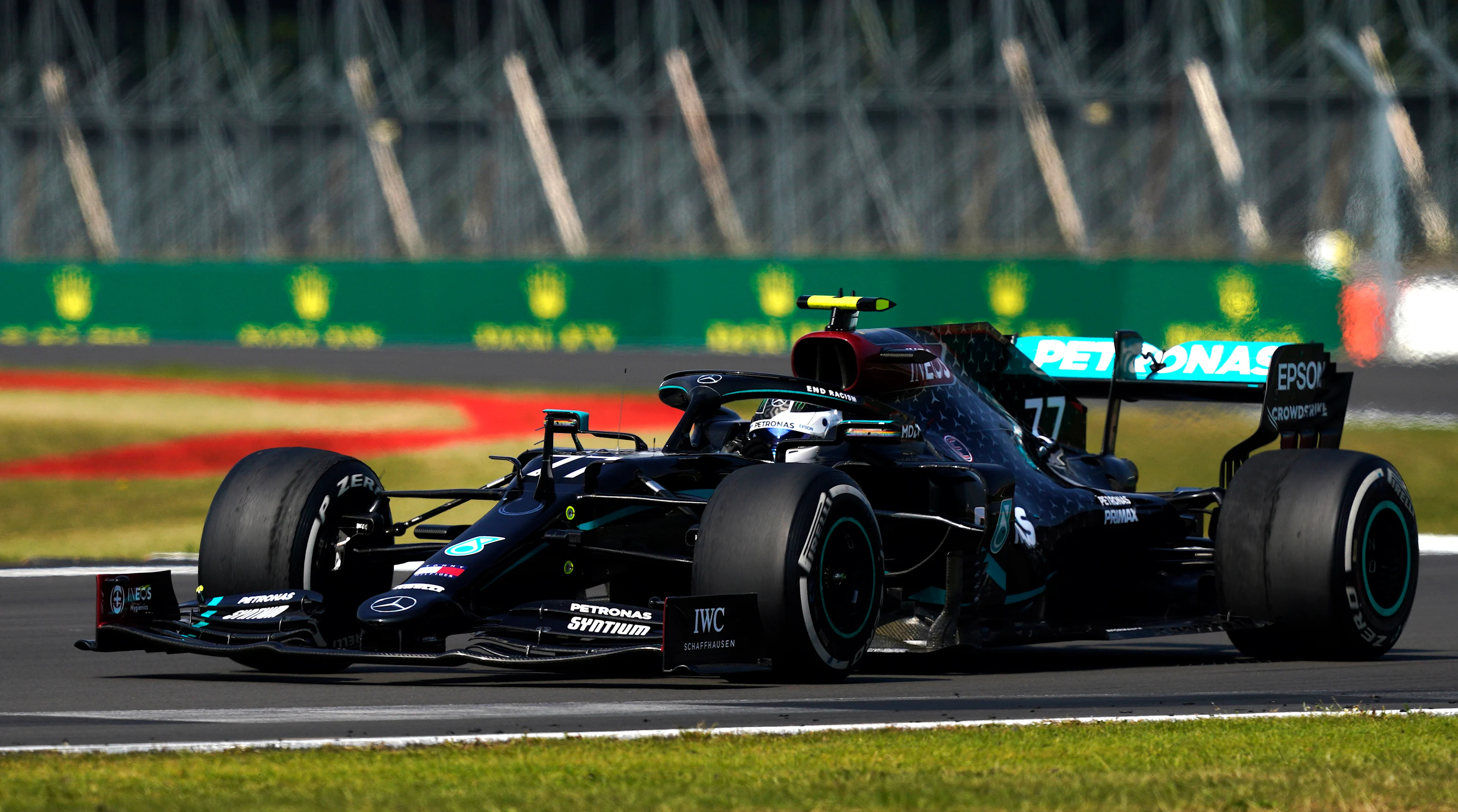 NORTHAMPTON, ENGLAND - AUGUST 09: Valtteri Bottas of Finland driving the (77) Mercedes AMG Petronas