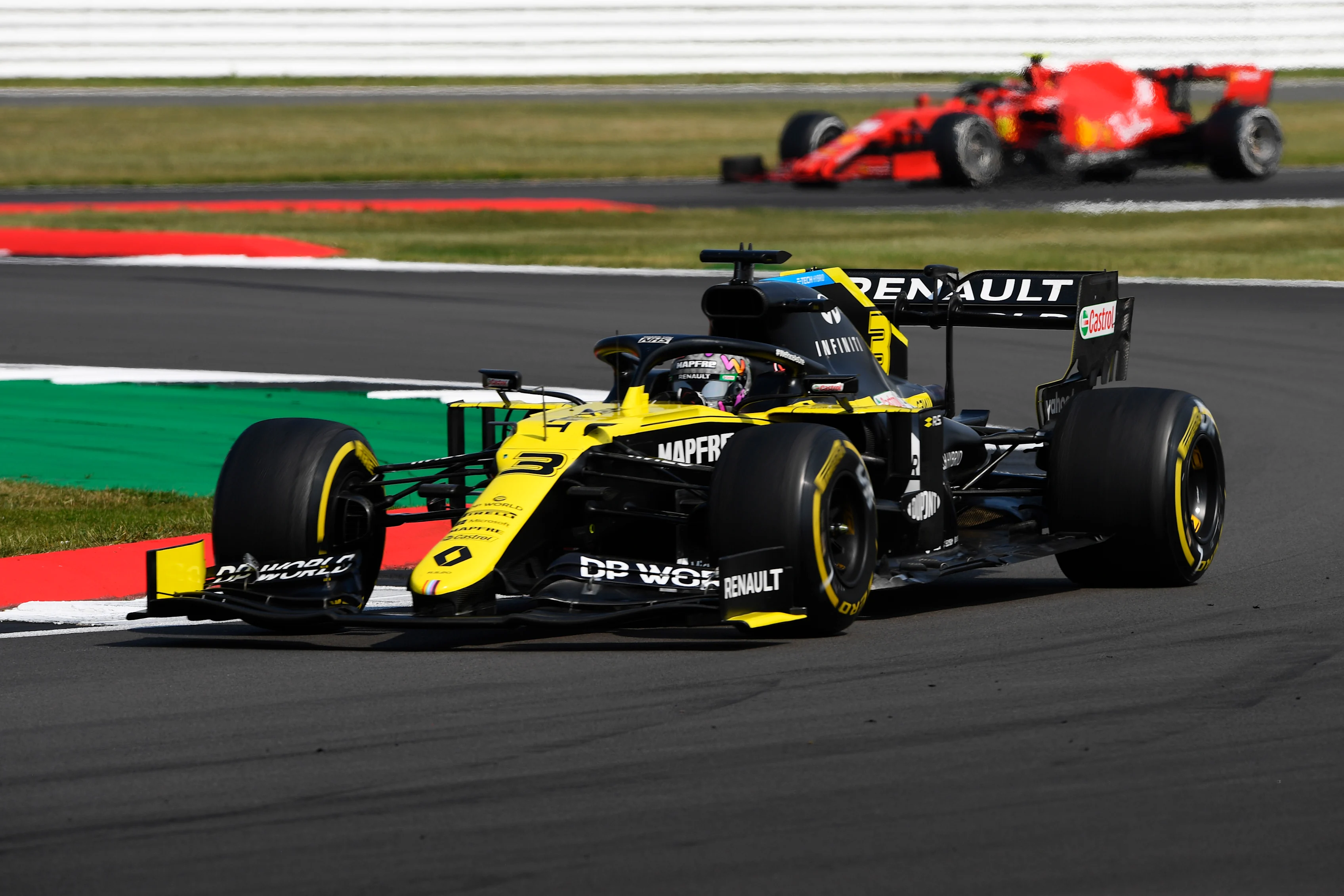 44NORTHAMPTON, ENGLAND - AUGUST 09: Carlos Sainz of Spain driving the (55) McLaren F1 Team MCL35